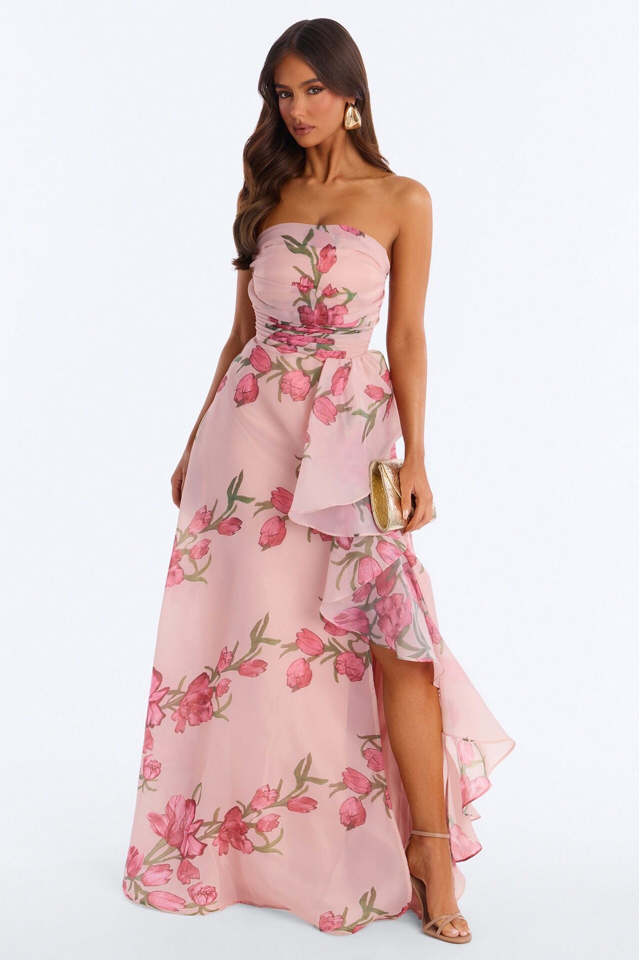 Kinsley Ruffle Floral Gown - Pink