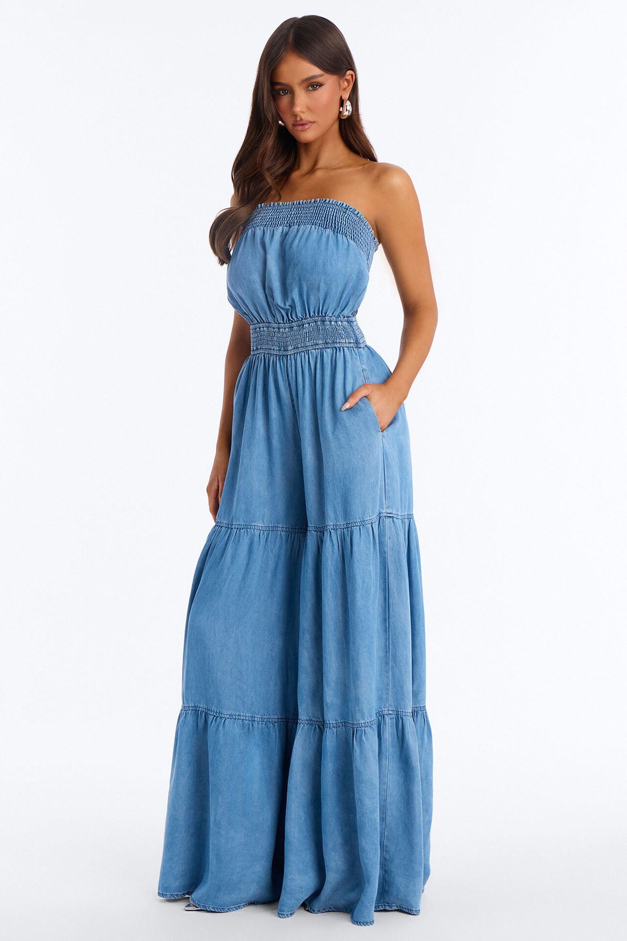 Denim Cutie Strapless Wide Leg Jumpsuit - Medium Wash