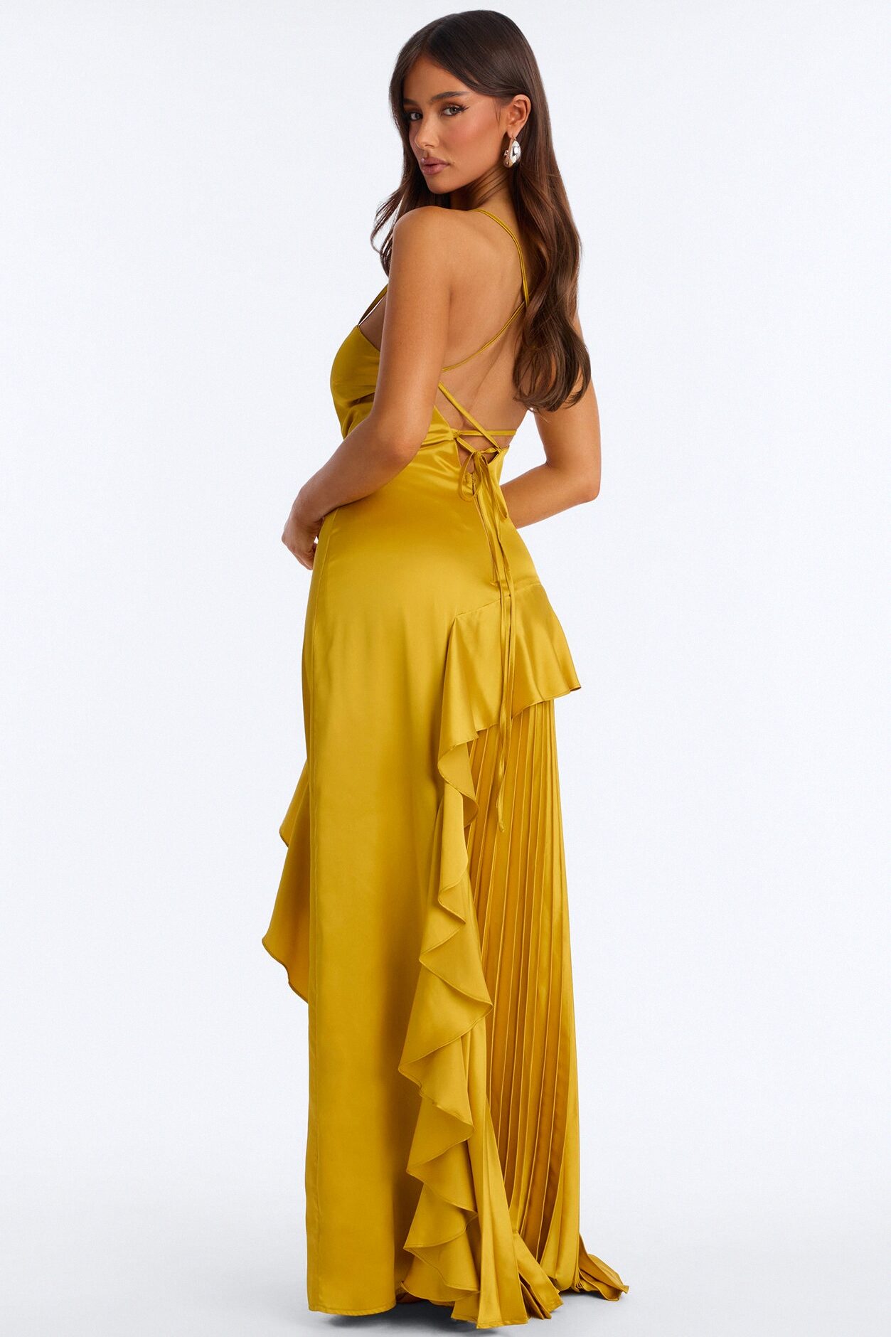Veronica Pleated Ruffle Satin Gown - Gold