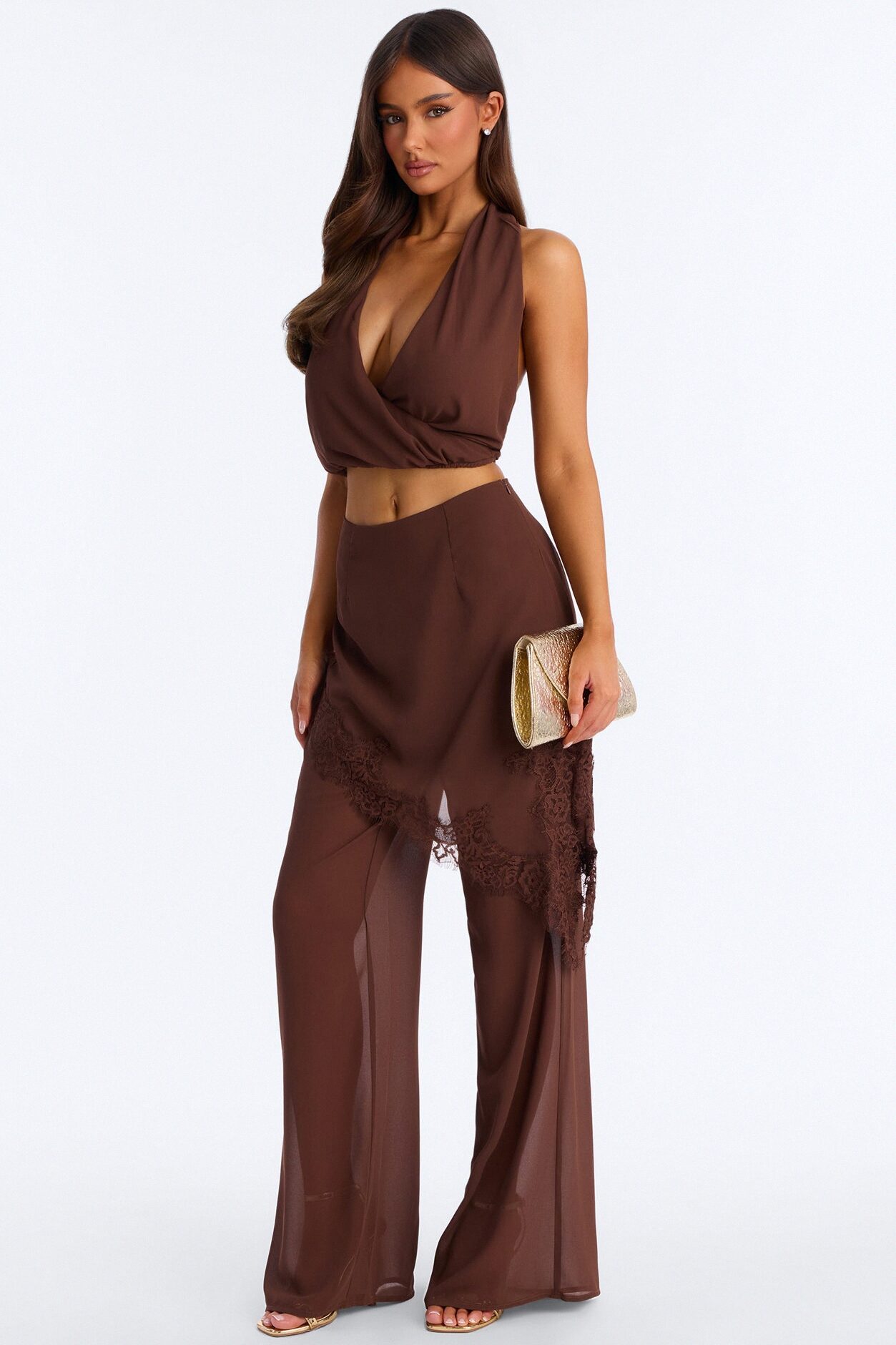 Current Mood Chiffon Halter Pant Set - Brown