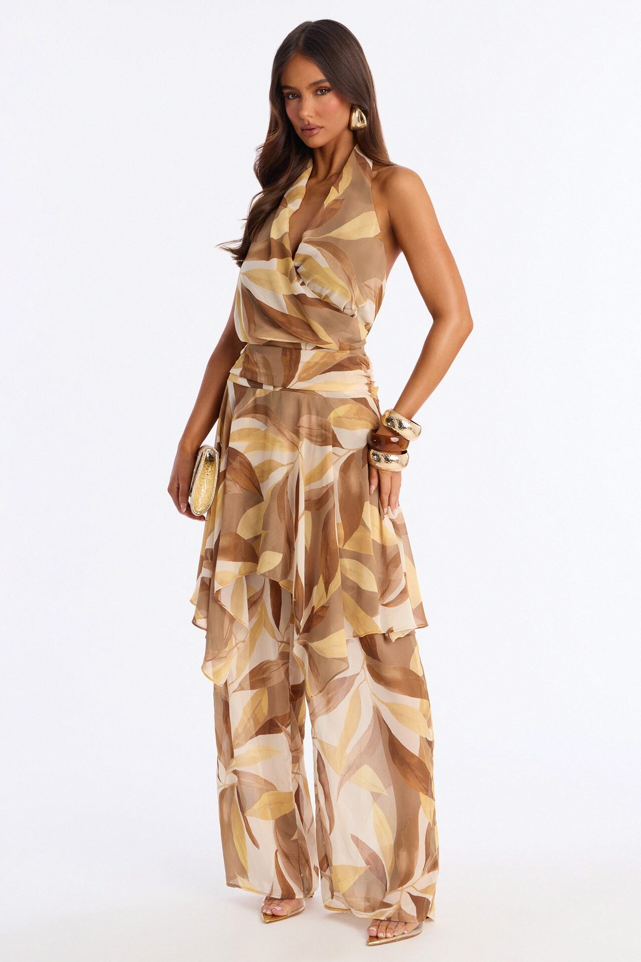 Boho Oasis Halter Abstract Jumpsuit - Khaki