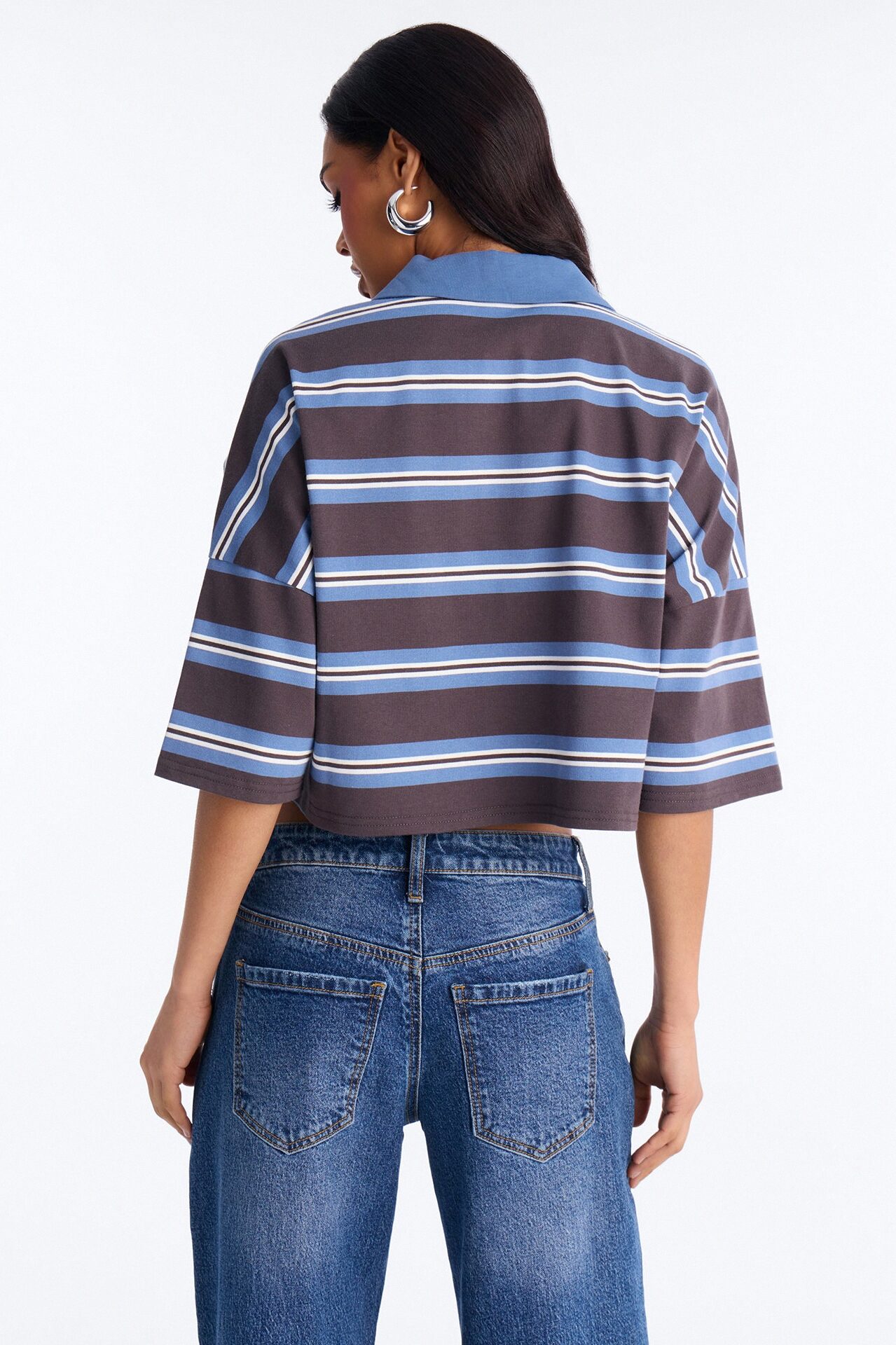 West Coast Stripe Cropped Polo Top - Blue/combo