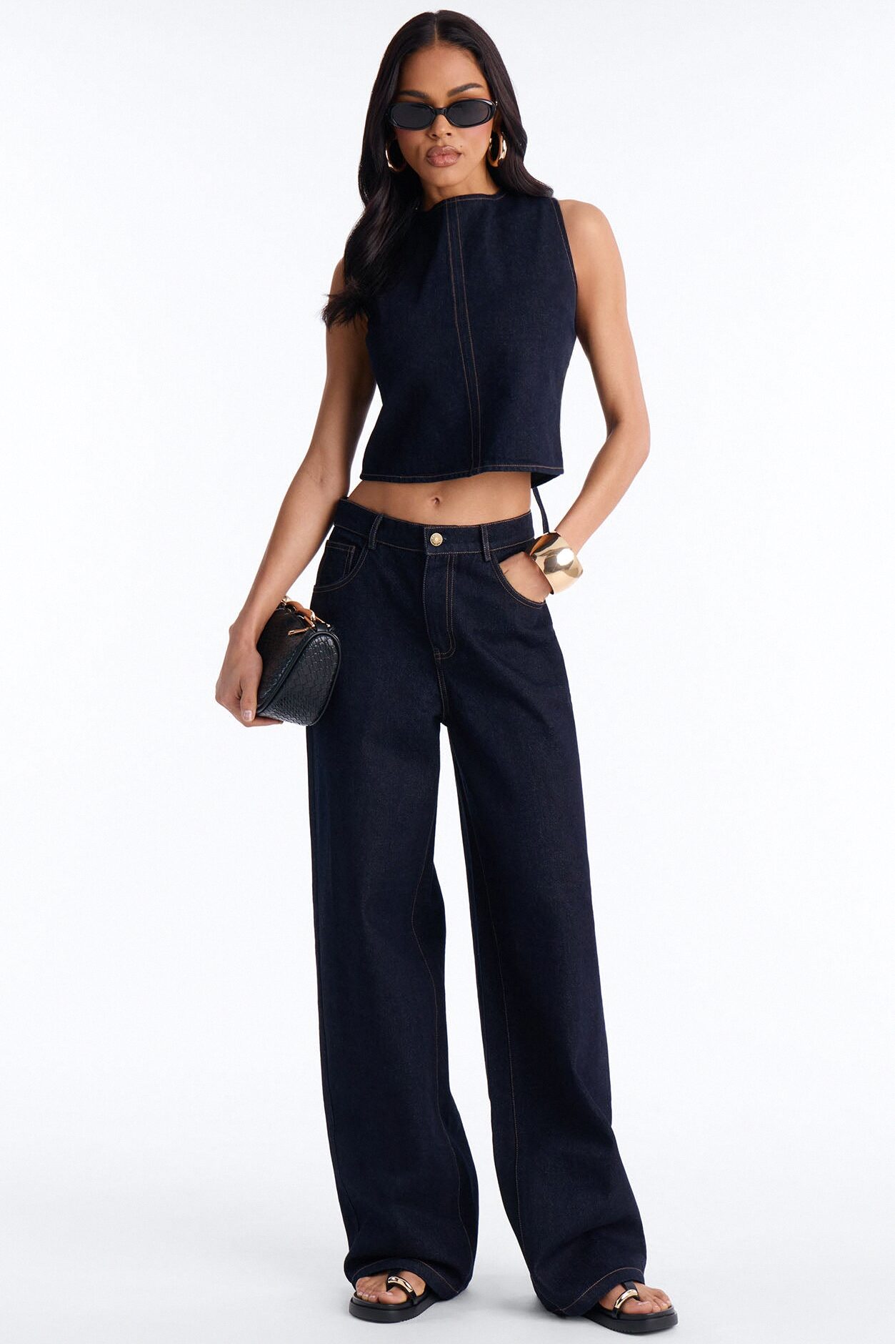 Kelsey Lace Up Back Denim Pant Set - Dark Wash