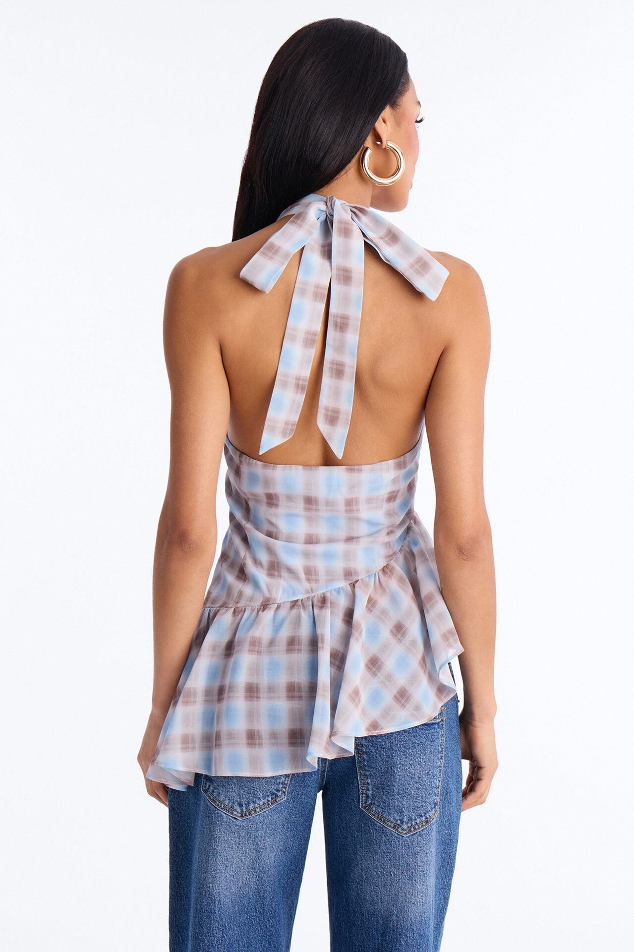 Afternoon Delight Ruffle Plaid Chiffon Halter Top - Blue/combo