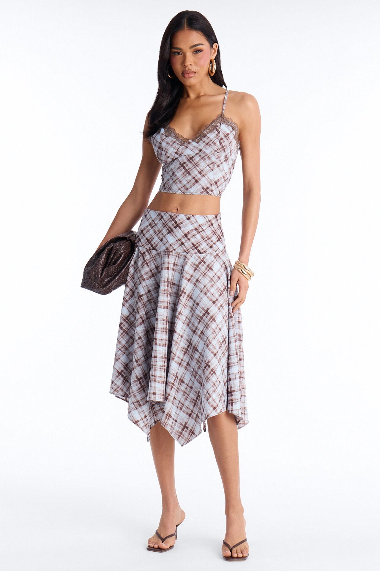 Vivienne Lace Trim Plaid Asymmetrical Skirt Set - Brown/combo
