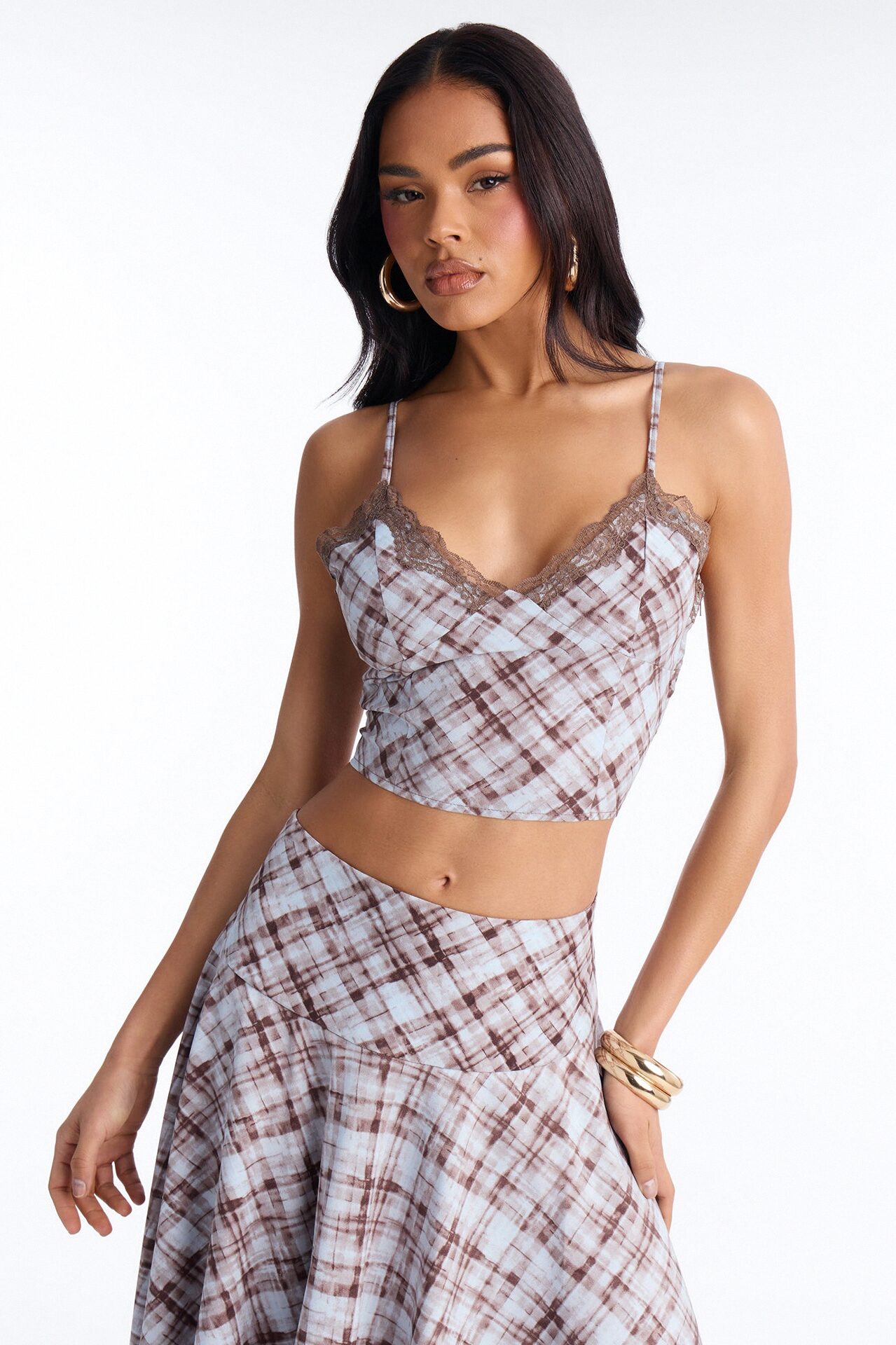 Vivienne Lace Trim Plaid Asymmetrical Skirt Set - Brown/combo