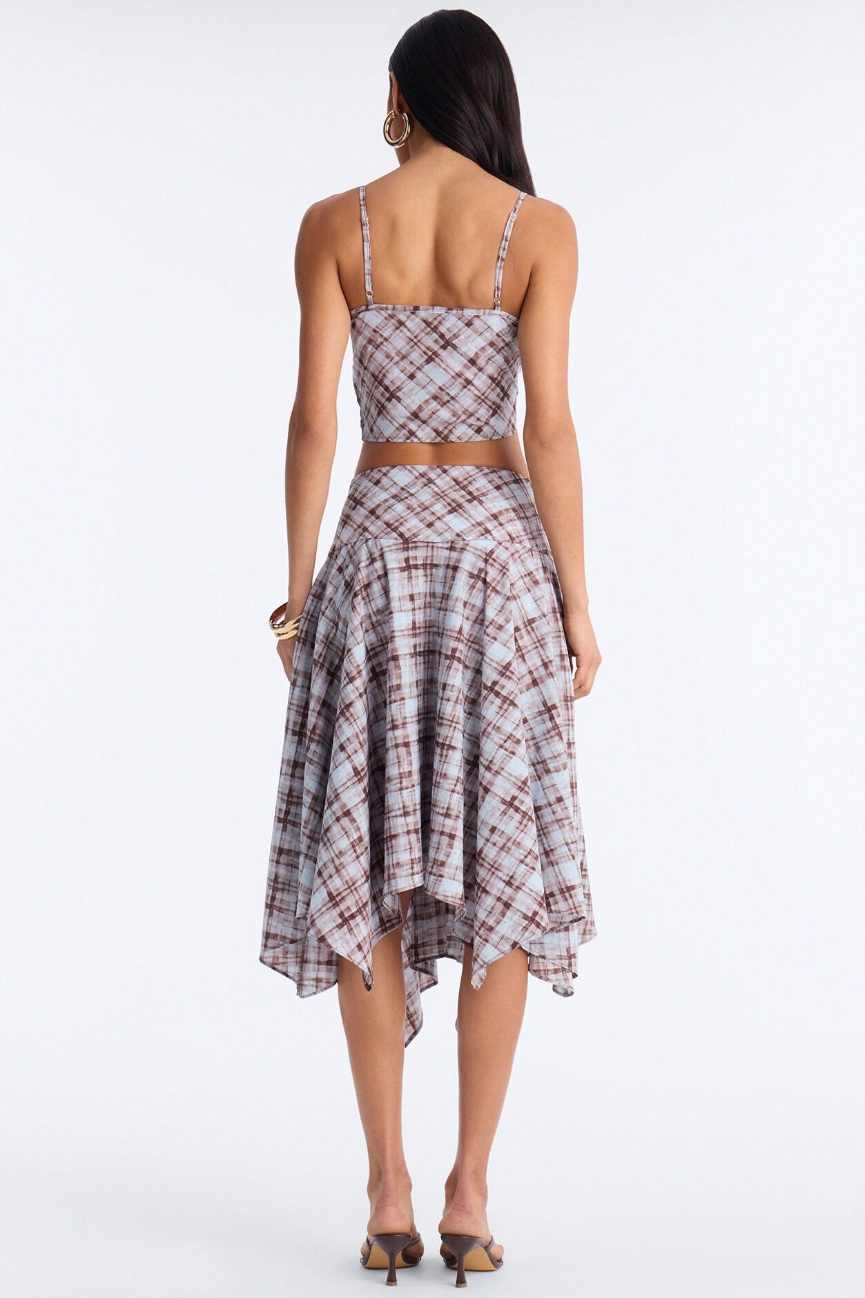 Vivienne Lace Trim Plaid Asymmetrical Skirt Set - Brown/combo