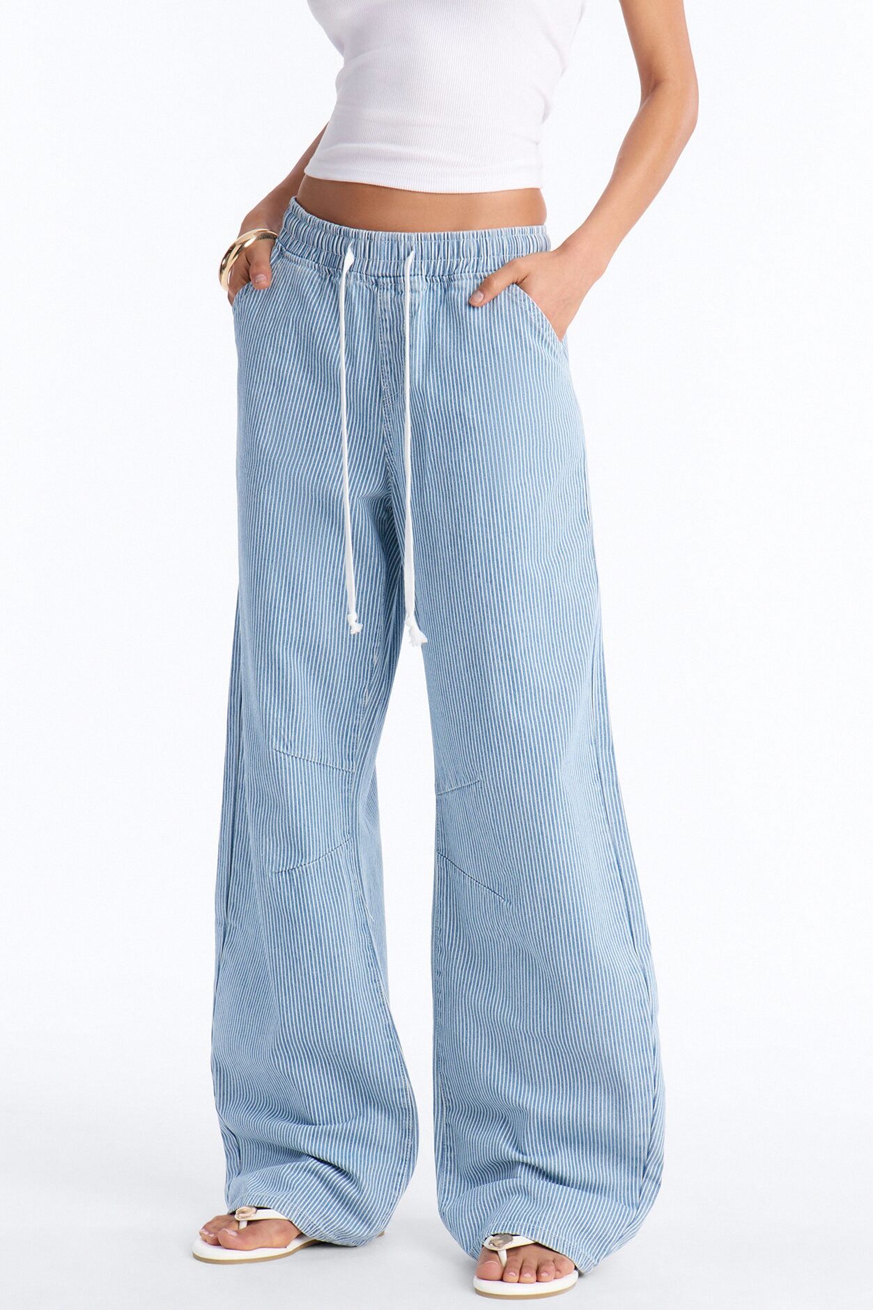 Oceanside Tie Waist Striped Tie Waist Jeans - Light Wash