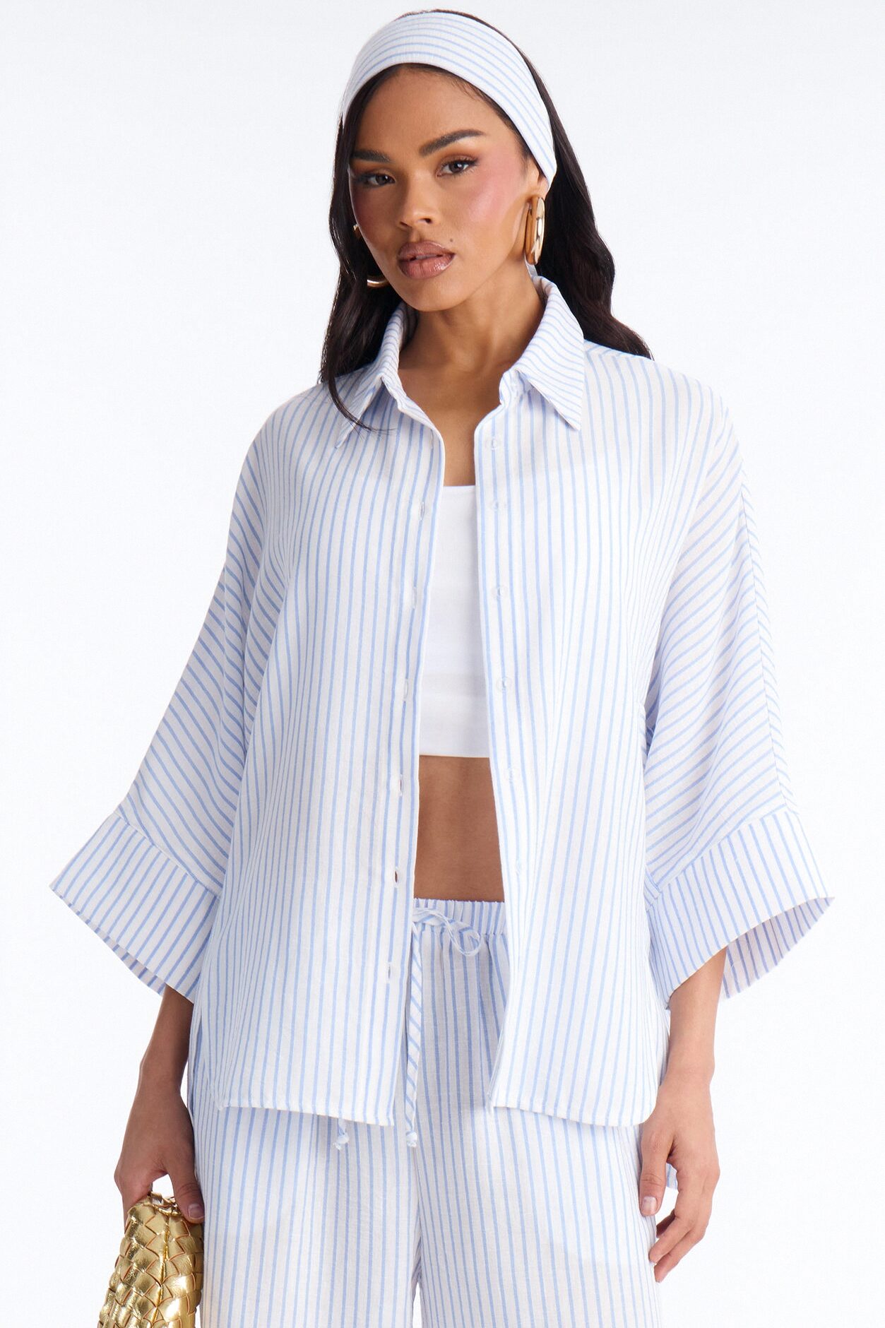 Mara Linen 3 Piece Pinstripe Pant Set - Blue/combo
