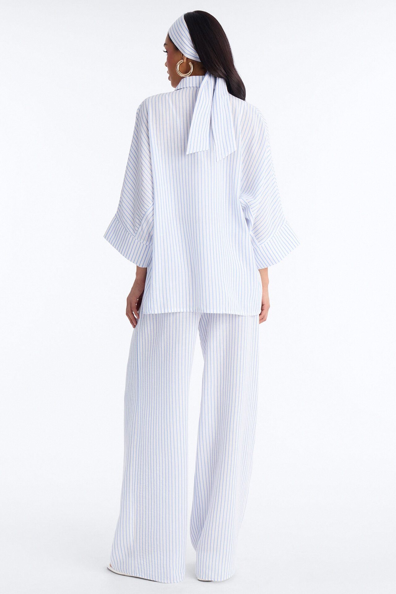 Mara Linen 3 Piece Pinstripe Pant Set - Blue/combo