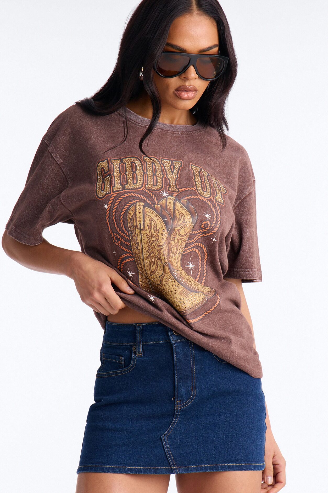 Giddy Up Boots Washed Tee With Rhinestones - Dark Brown