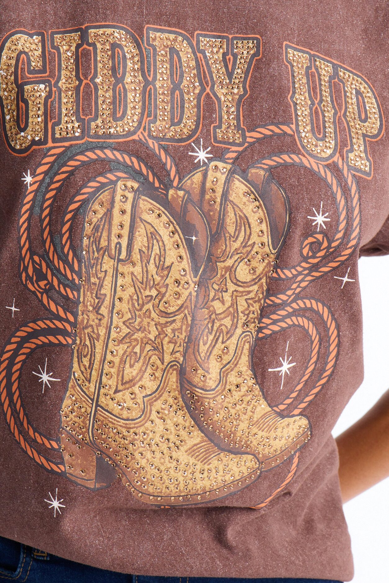 Giddy Up Boots Washed Tee With Rhinestones - Dark Brown