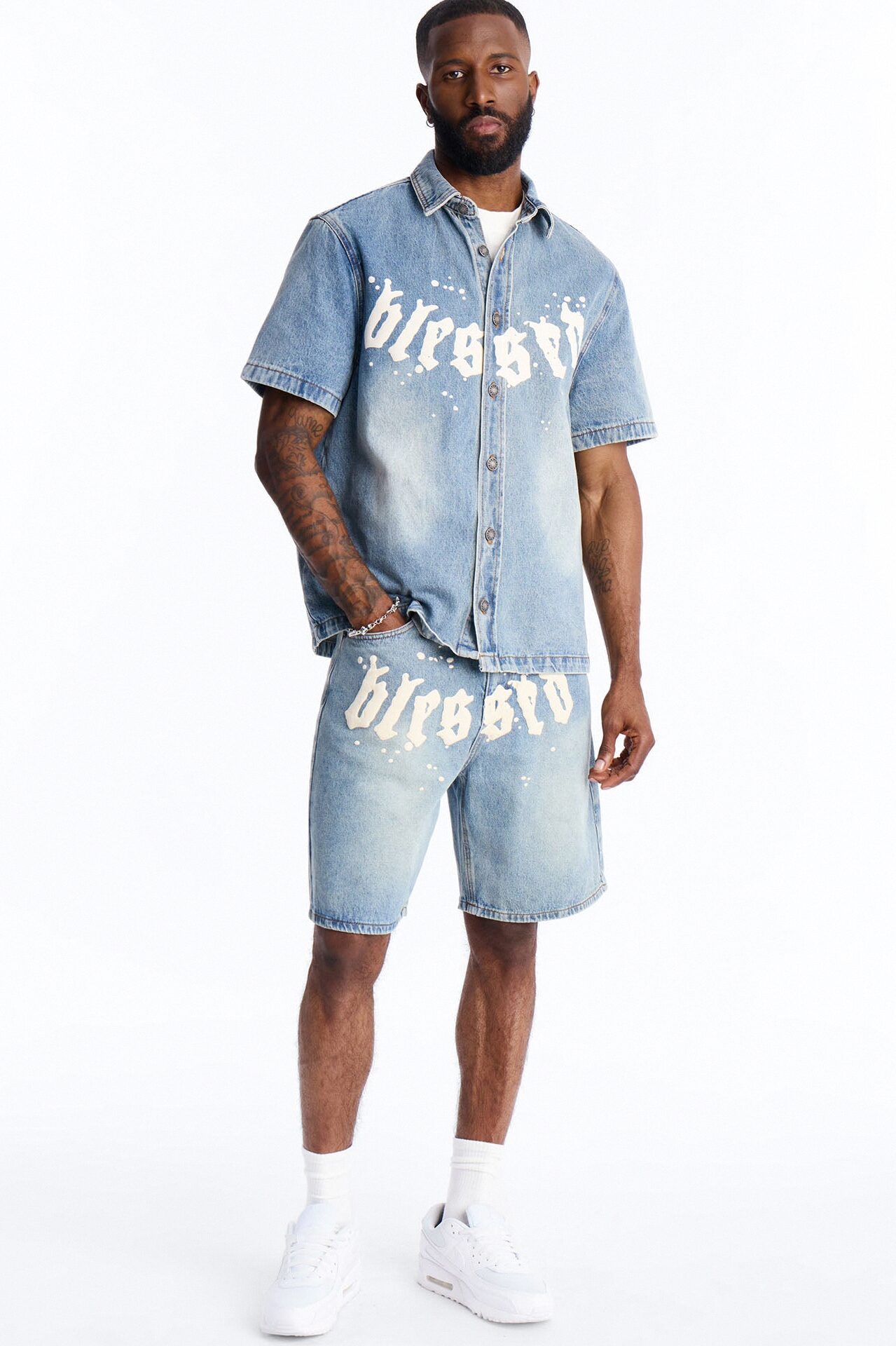 Been Blessed Denim Button Up Shirt - Medium Blue Wash