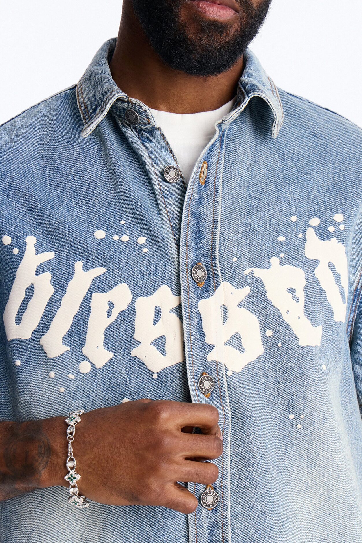 Been Blessed Denim Button Up Shirt - Medium Blue Wash