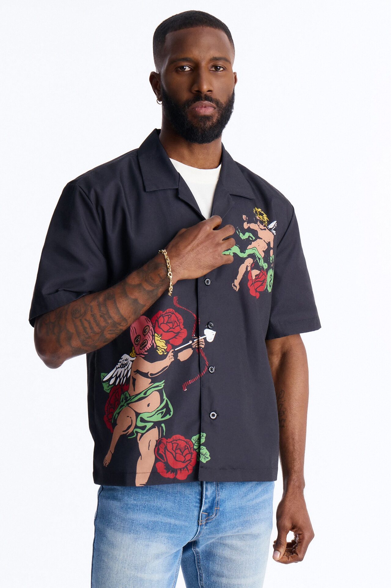 Rose Angel Street Cuban Collar Shirt - Black