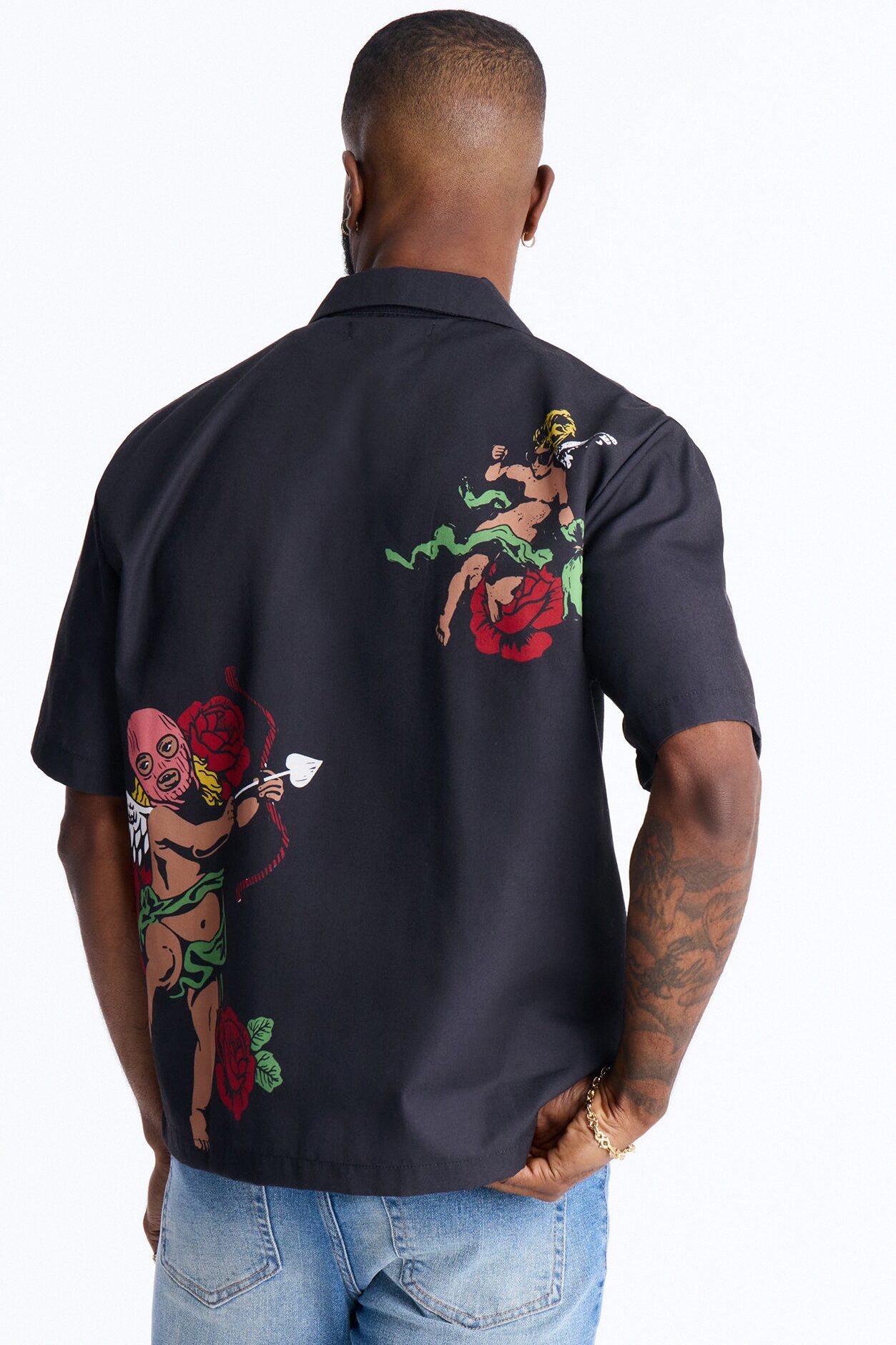 Rose Angel Street Cuban Collar Shirt - Black