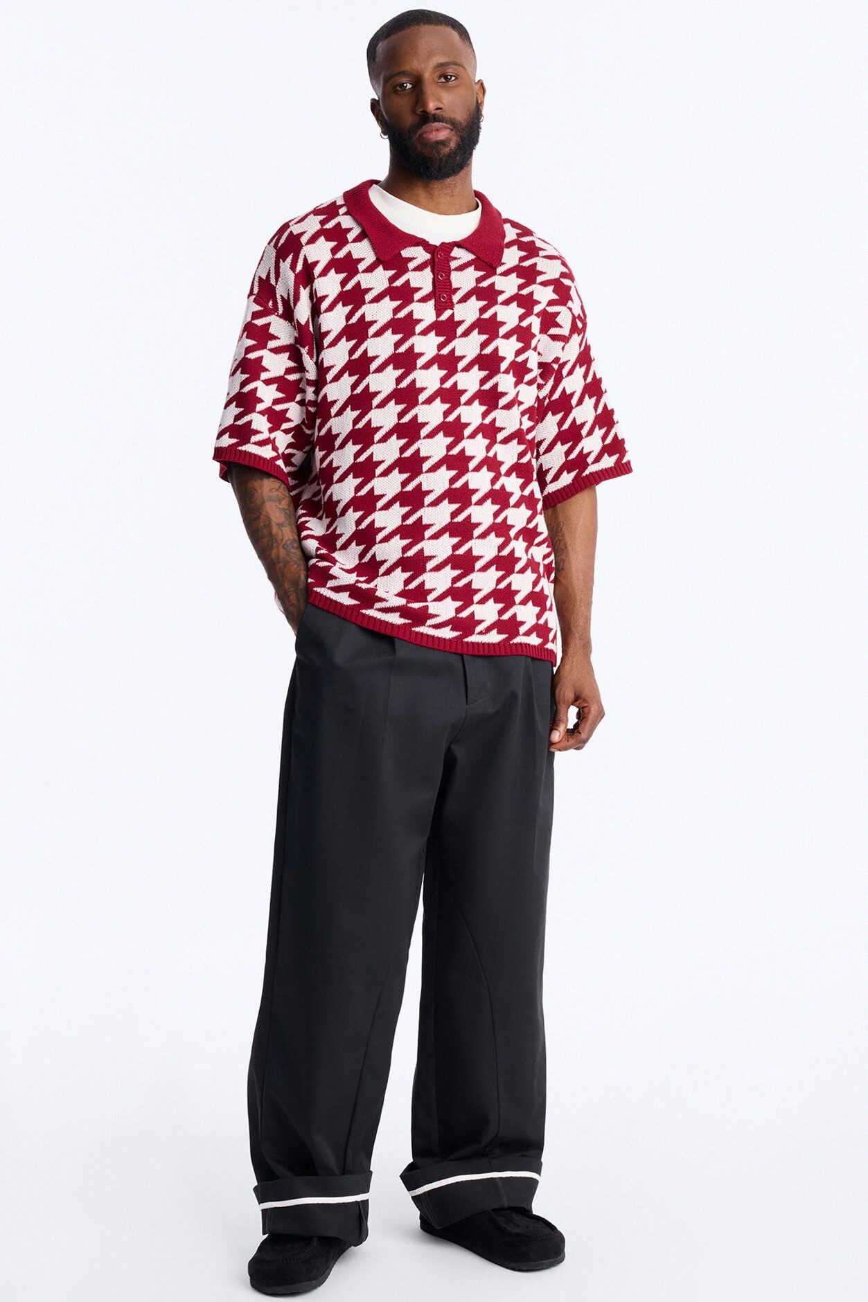 Houndstooth Short Sleeve Knitted Polo - Burgundy