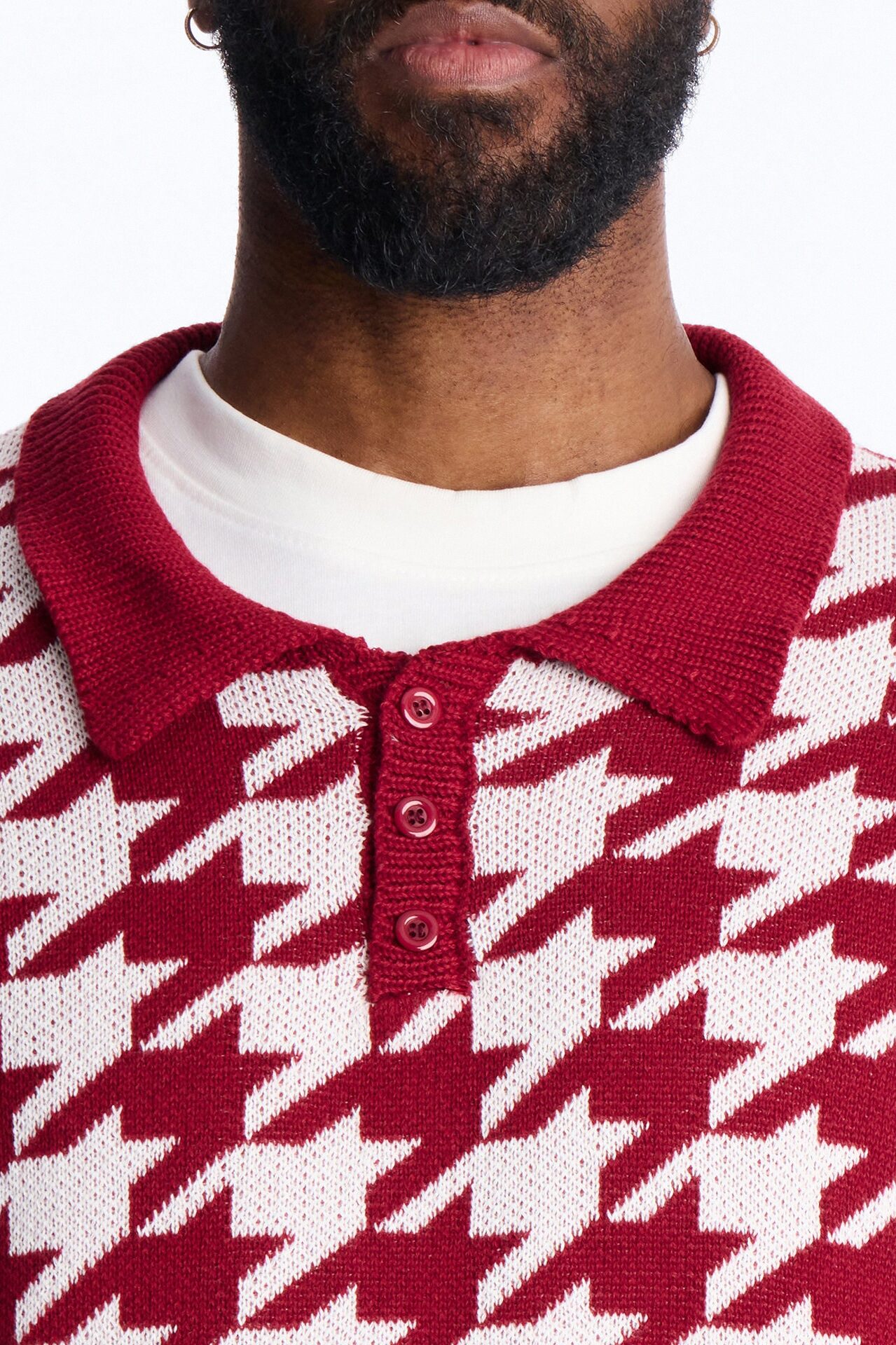 Houndstooth Short Sleeve Knitted Polo - Burgundy