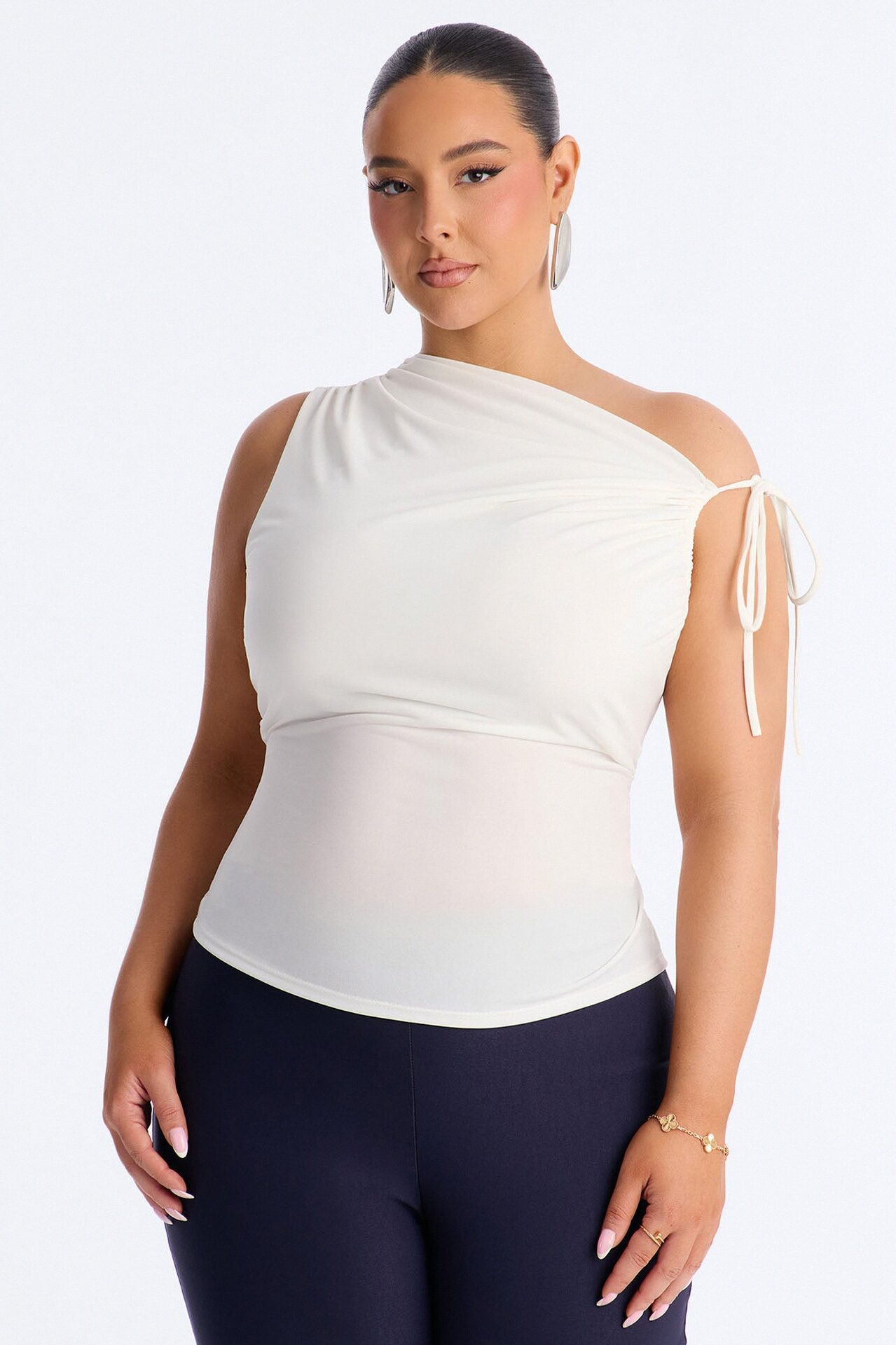 Benny One Shoulder Ruched Tie Strap Top - White