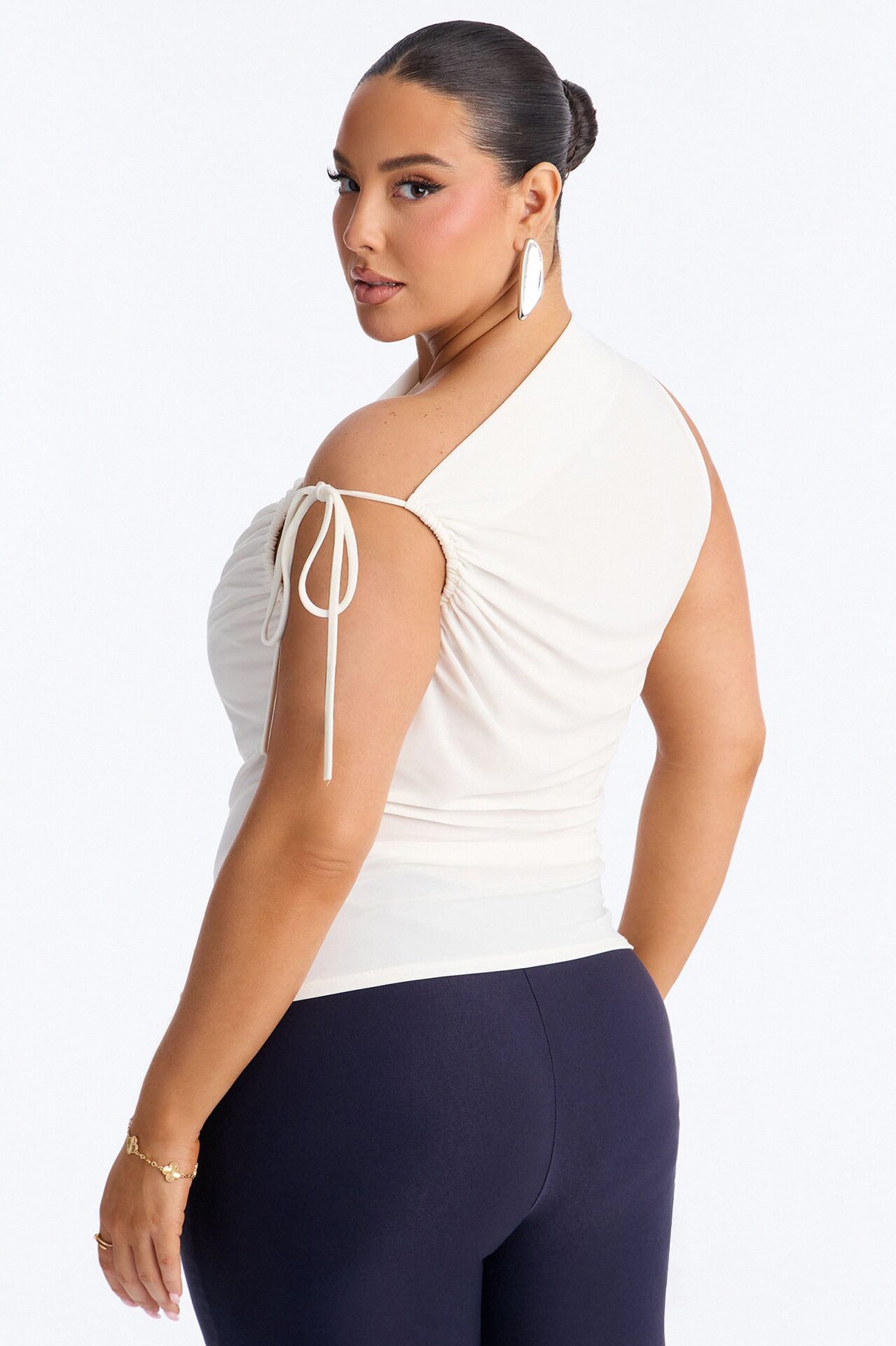 Benny One Shoulder Ruched Tie Strap Top - White