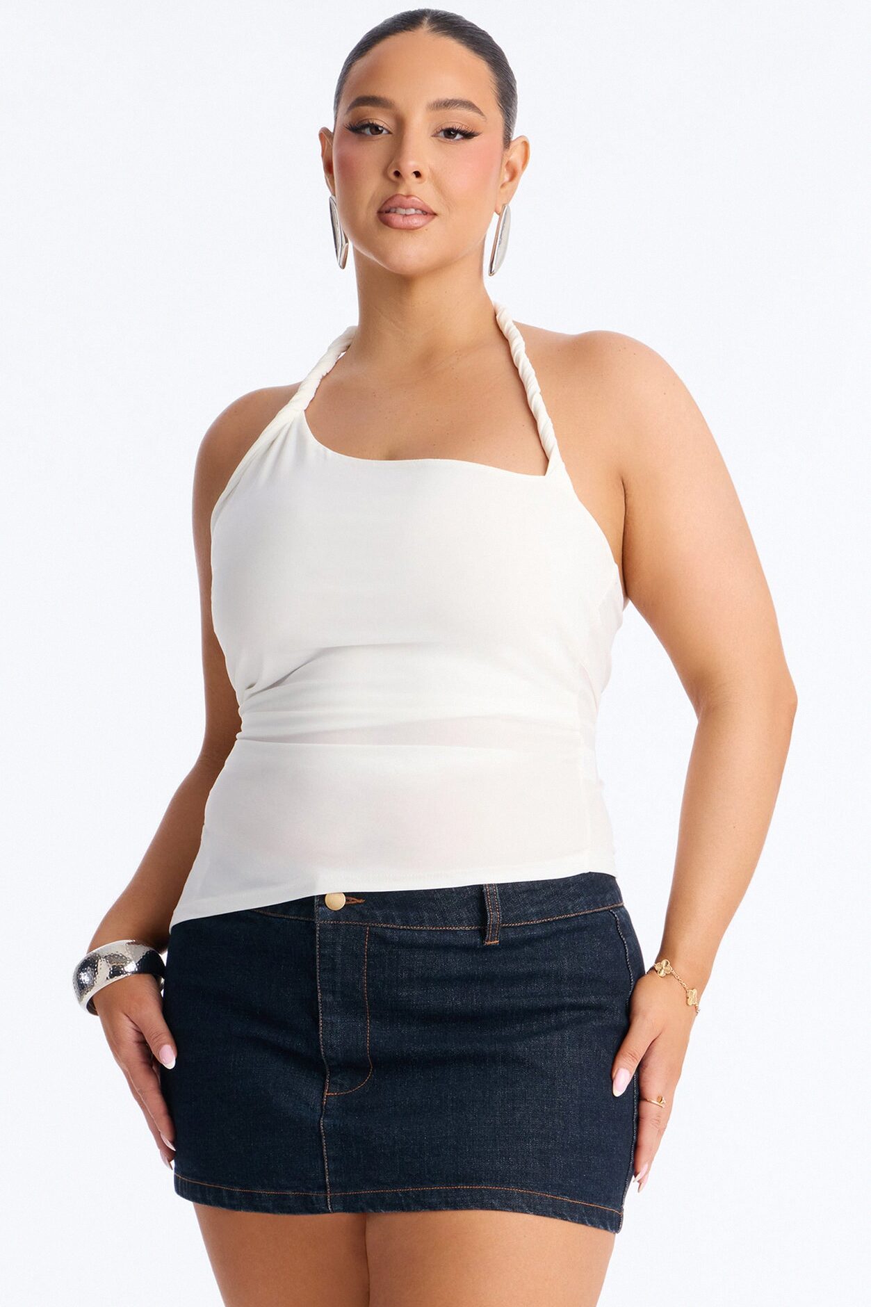 Maddy Asymmetrical Twist Ruched Halter Top - White