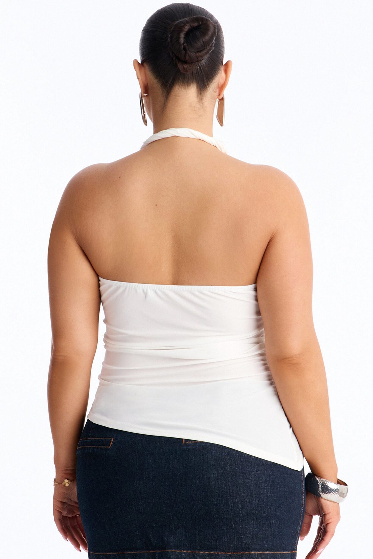 Maddy Asymmetrical Twist Ruched Halter Top - White