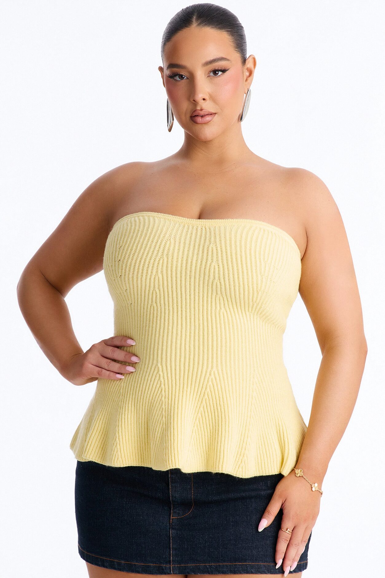 On Full Display Peplum Sweater Tube Top - Butter Yellow