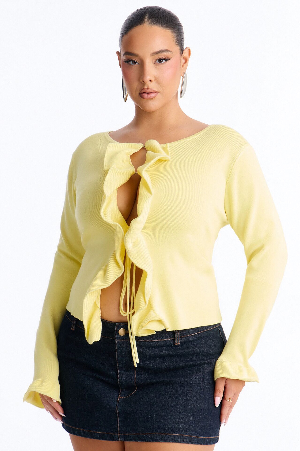 Cecily Ruffle Tie Front Cardigan Sweater - Yellow