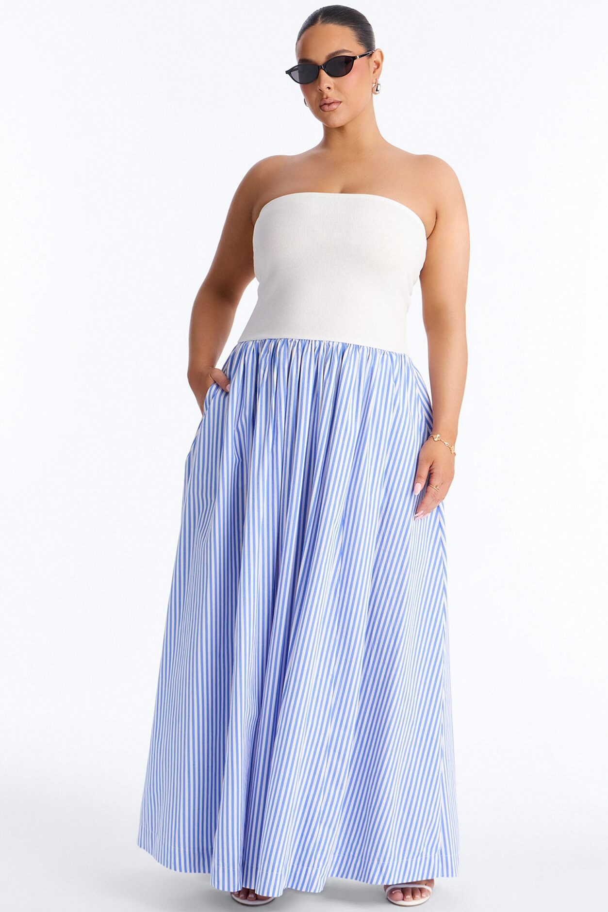 Kaia Strapless Poplin Maxi Dress - White/Blue