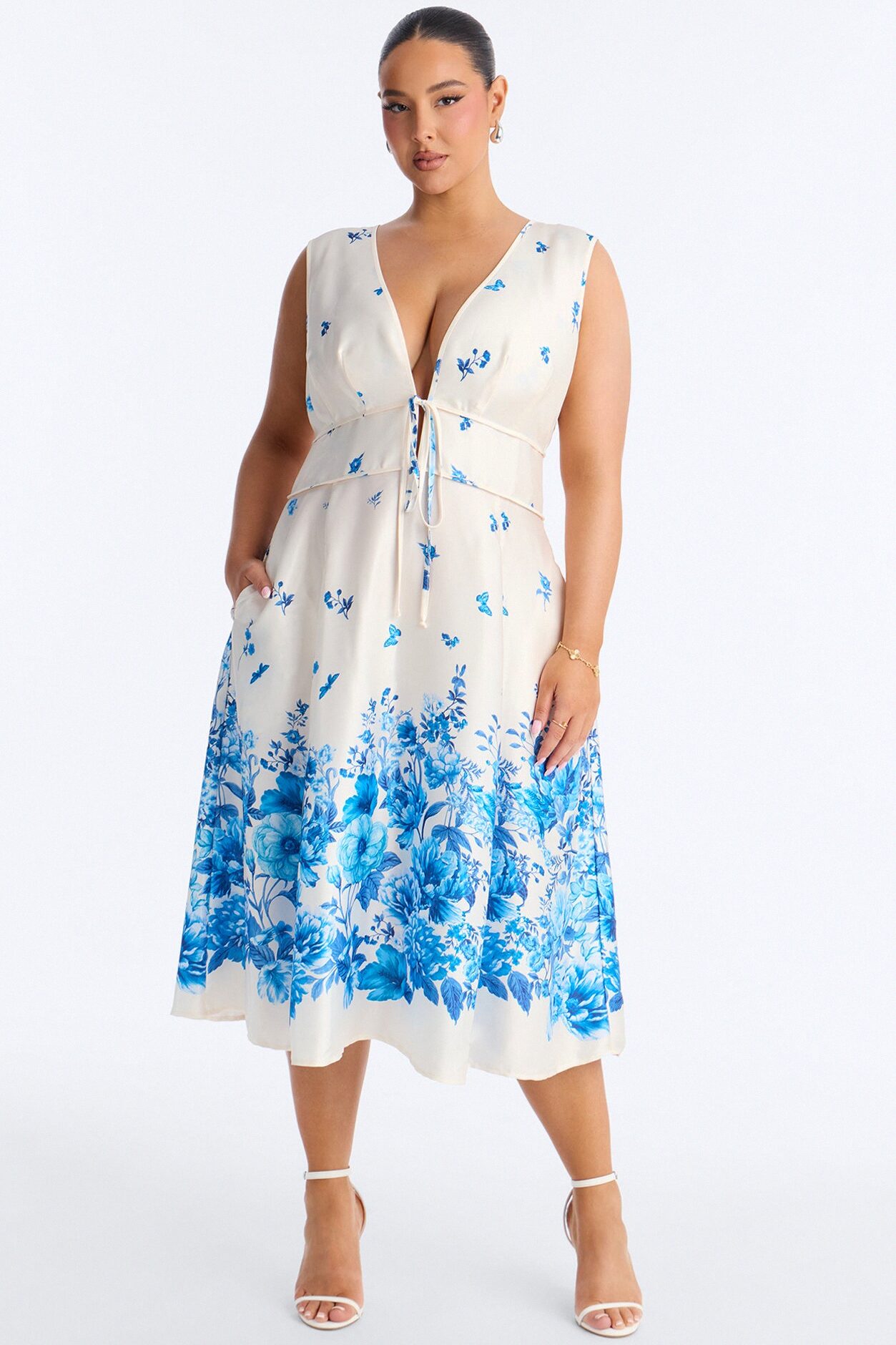 Selene Sleeveless Floral Satin Midi Dress - White/Blue