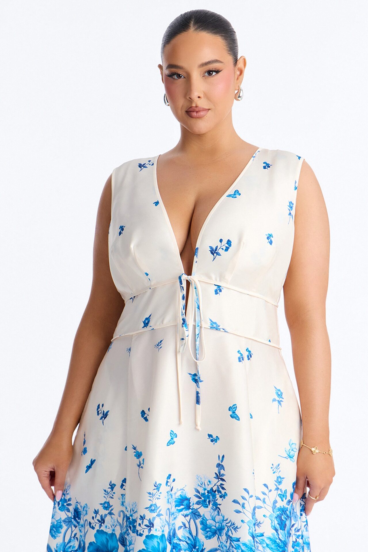 Selene Sleeveless Floral Satin Midi Dress - White/Blue