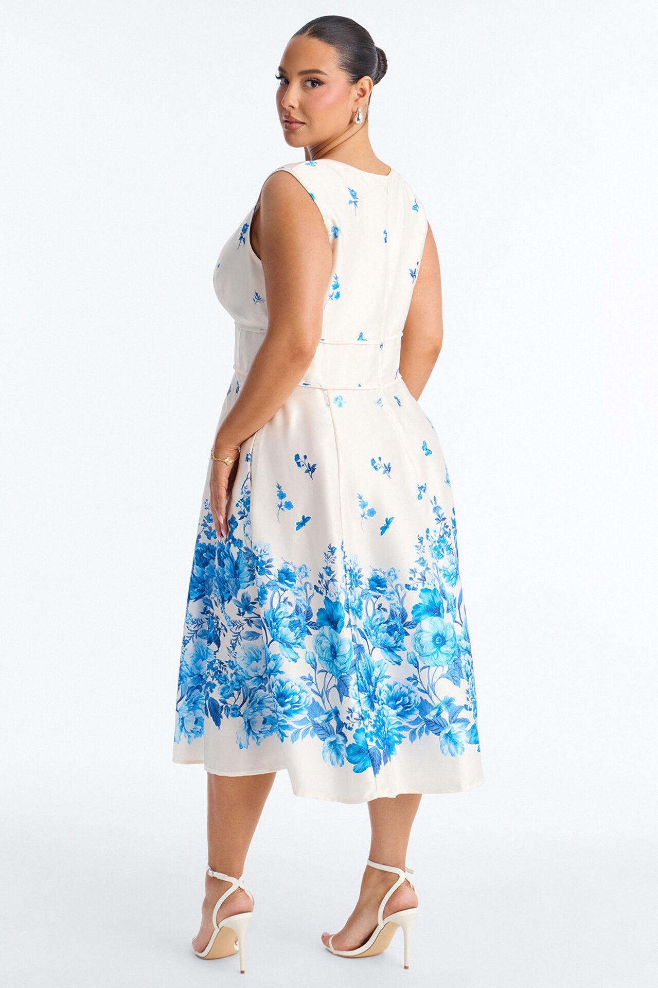 Selene Sleeveless Floral Satin Midi Dress - White/Blue