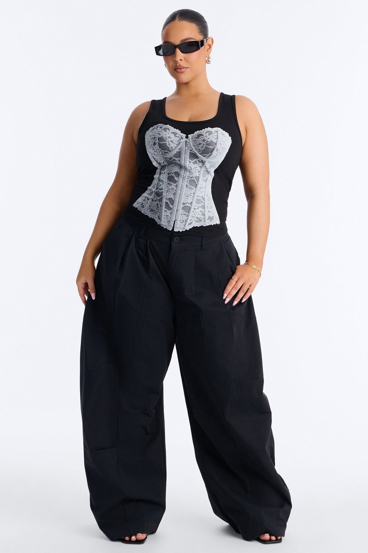 Lace Corset Graphic Tank - Black