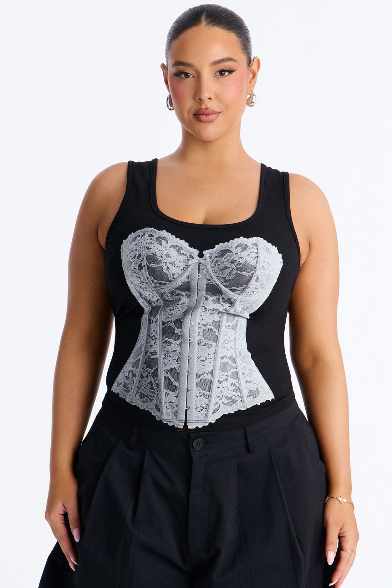 Lace Corset Graphic Tank - Black