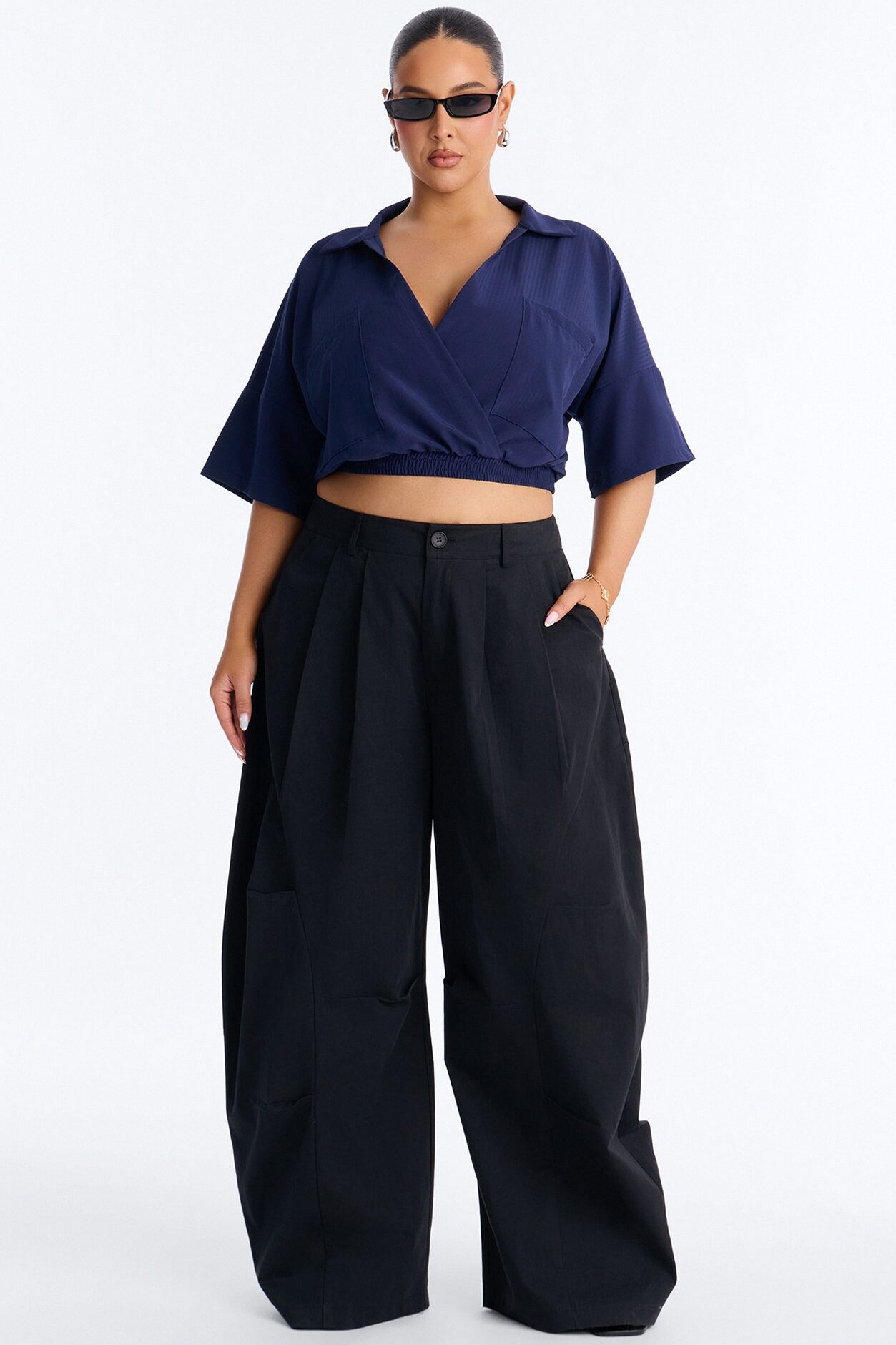 Taylor Crossover Short Sleeve Collared Blouse - Navy