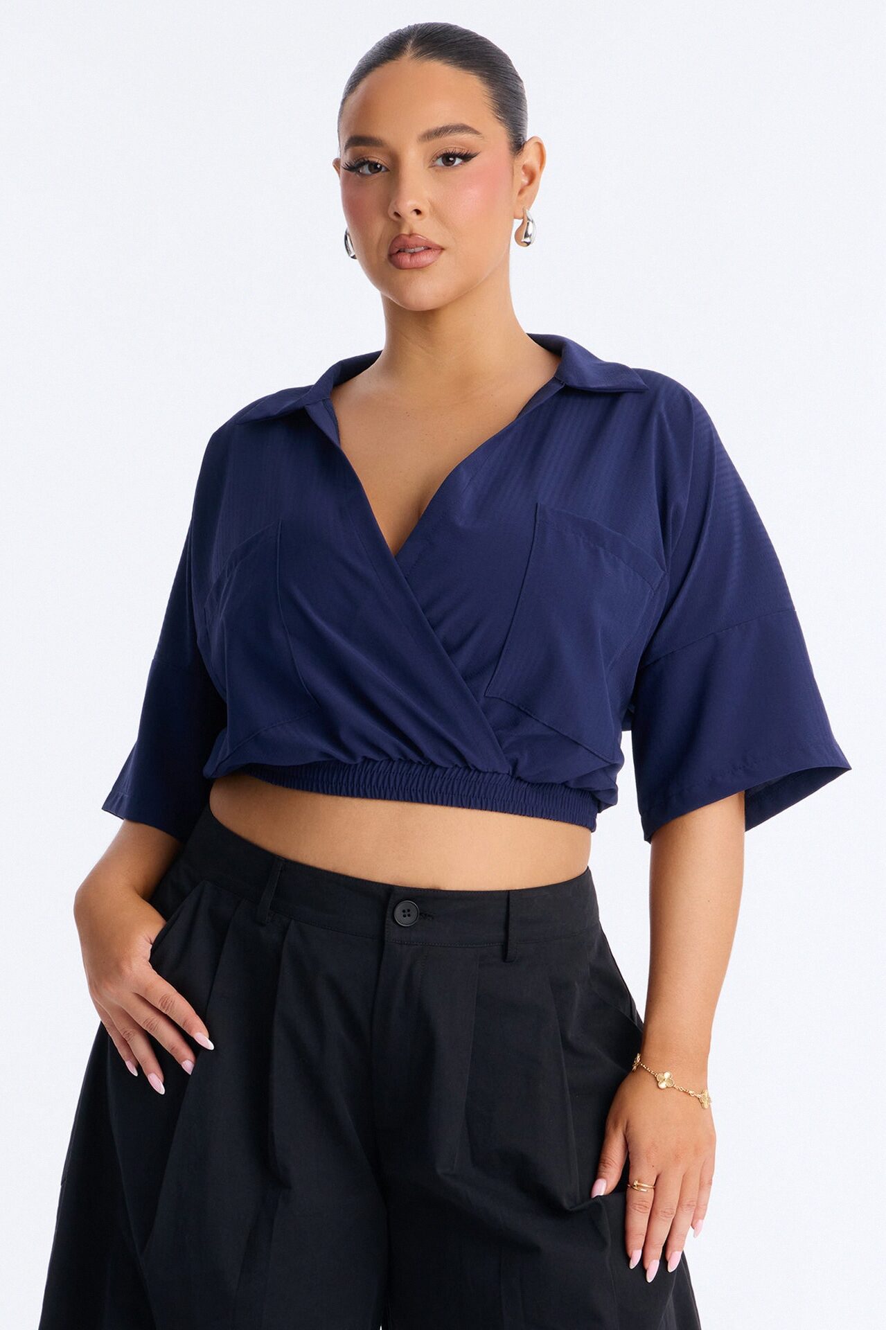 Taylor Crossover Short Sleeve Collared Blouse - Navy