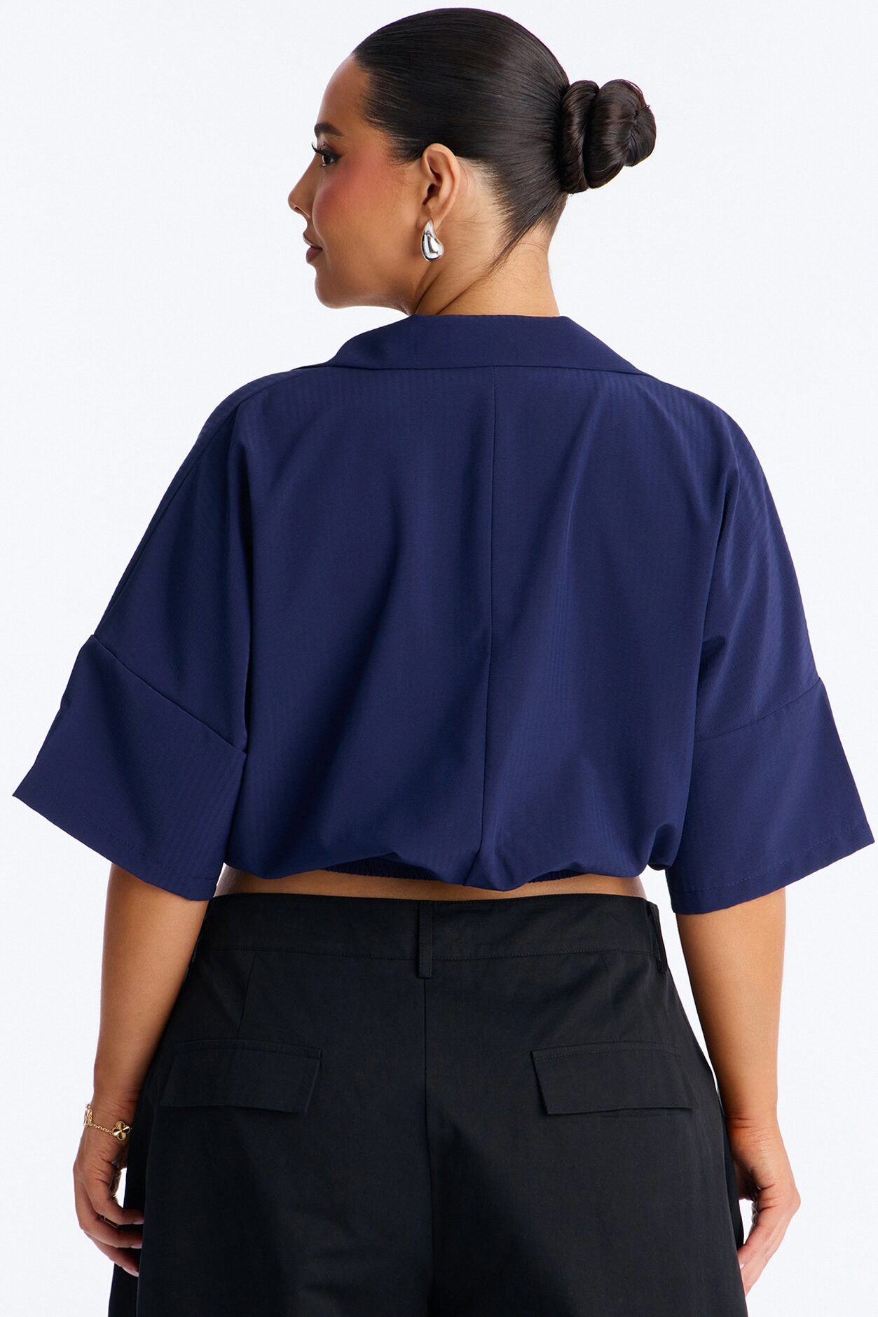 Taylor Crossover Short Sleeve Collared Blouse - Navy