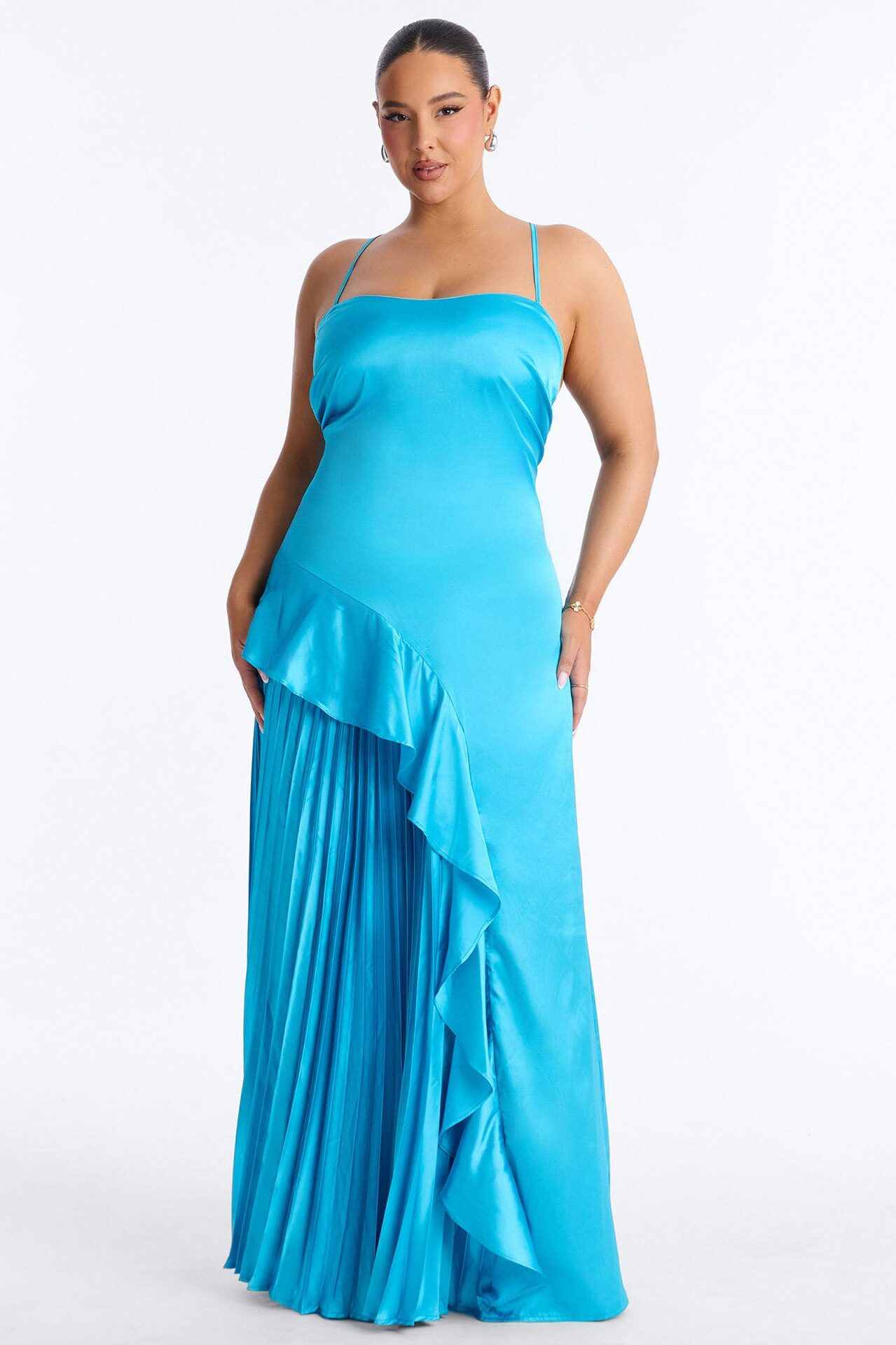 Veronica Pleated Ruffle Satin Gown - Blue
