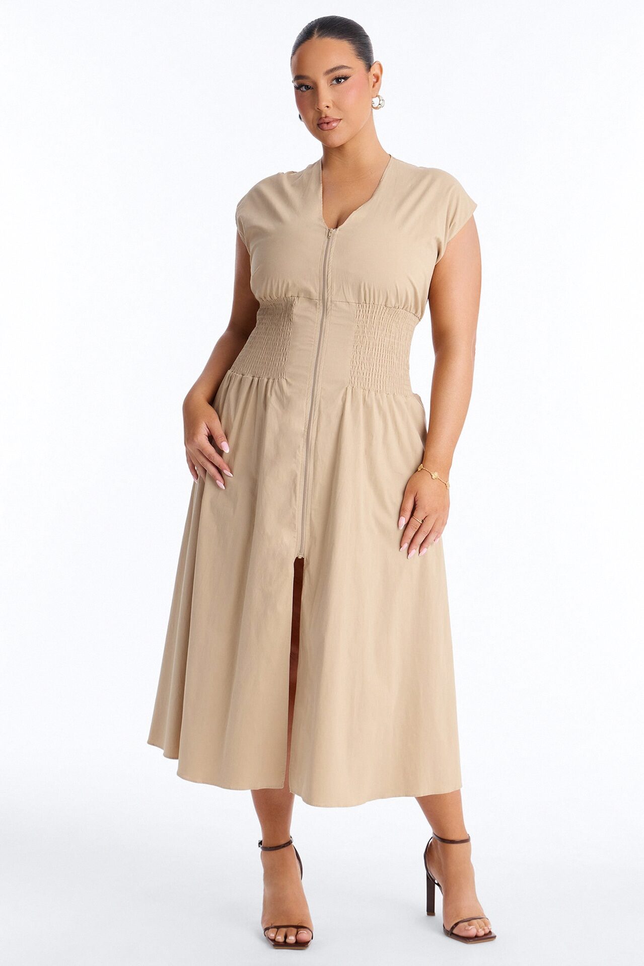 Too Busy Cinched Waist Midi Dress - Taupe