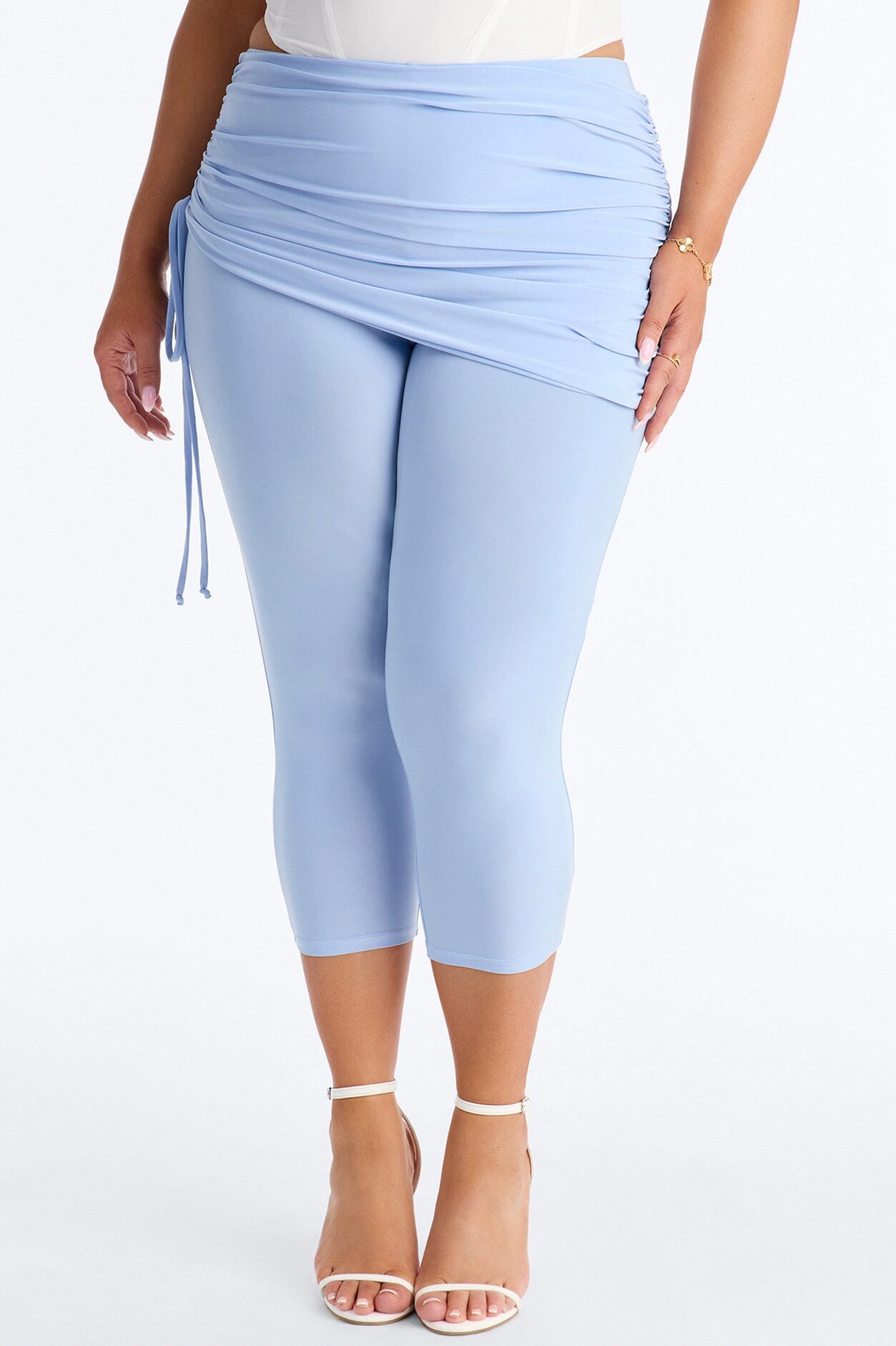 Teya Mid Rise Draped Ruched Capri Legging 19″ - Light Blue