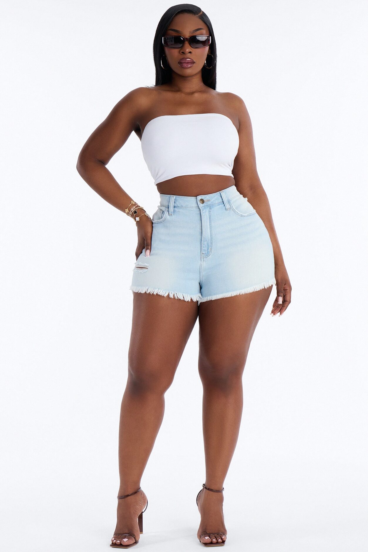 Up To You Stretch Cut Off Denim Shorts - Light Blue Wash