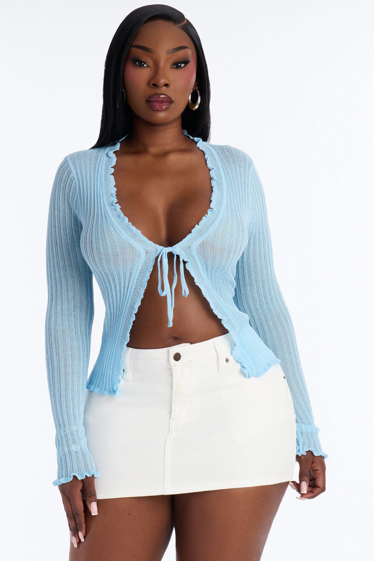 Styled In Sugar Ruffle Tie Front Cardigan - Light Blue