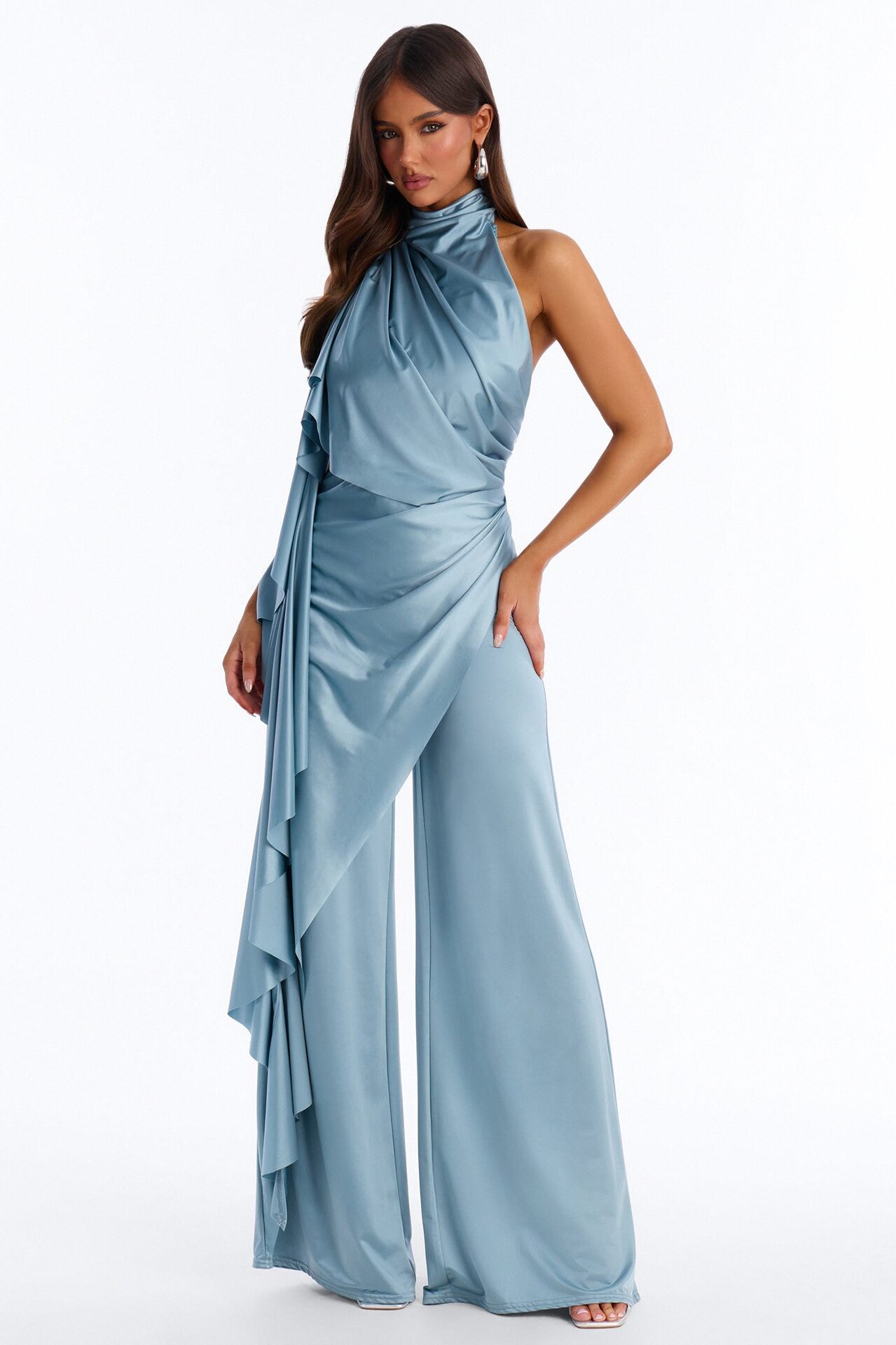 Chic Motives Draped Wide Leg Jumpsuit - Blue