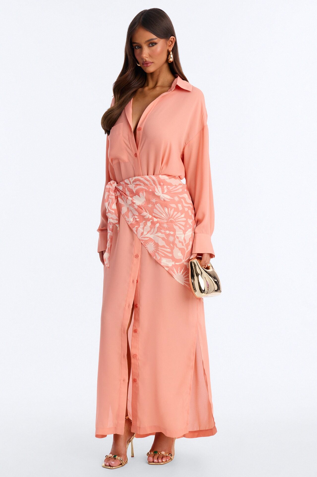 Kaylah Scarf Waist Shirt Maxi Dress - Peach/combo