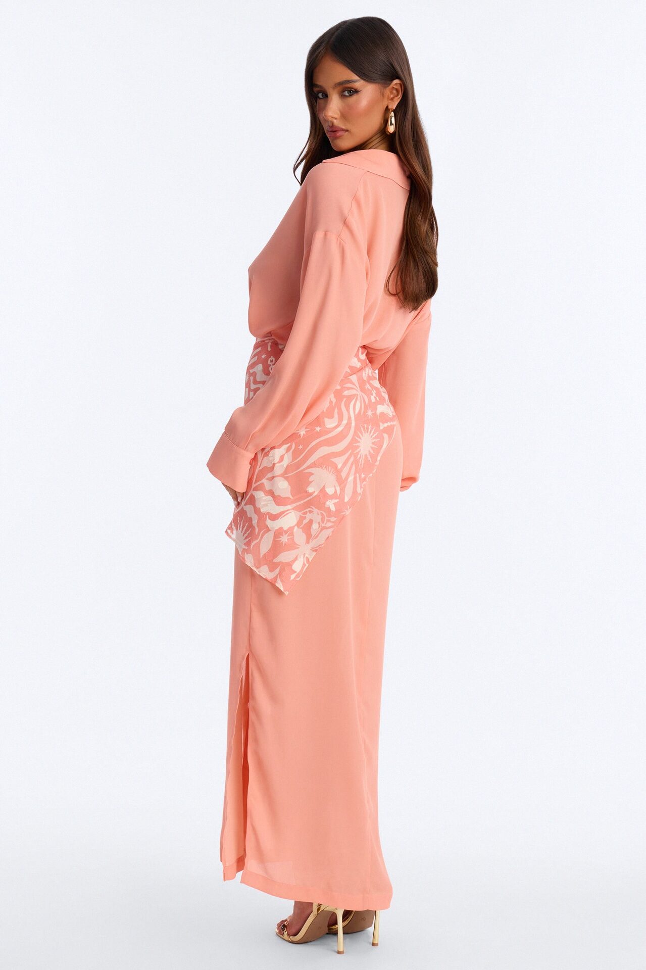 Kaylah Scarf Waist Shirt Maxi Dress - Peach/combo