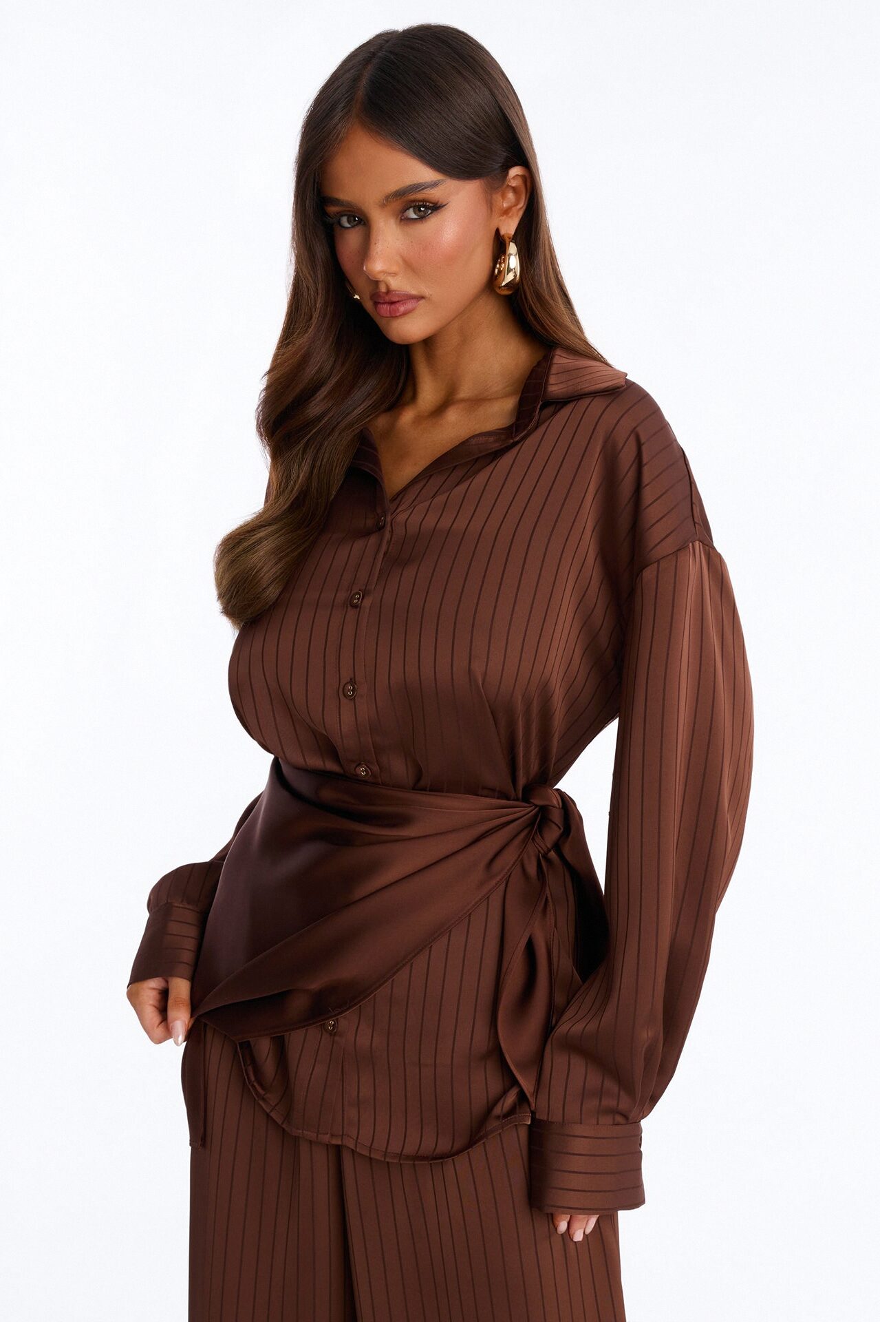 Lana Satin 3 Piece Scarf Pant Set - Chocolate