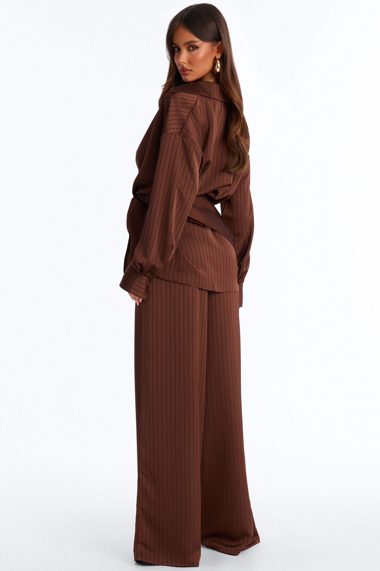 Lana Satin 3 Piece Scarf Pant Set - Chocolate