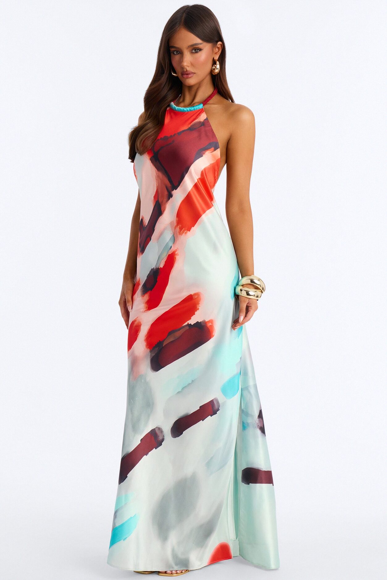 Coastal Vibe Backless Satin Maxi Dress - Red/combo