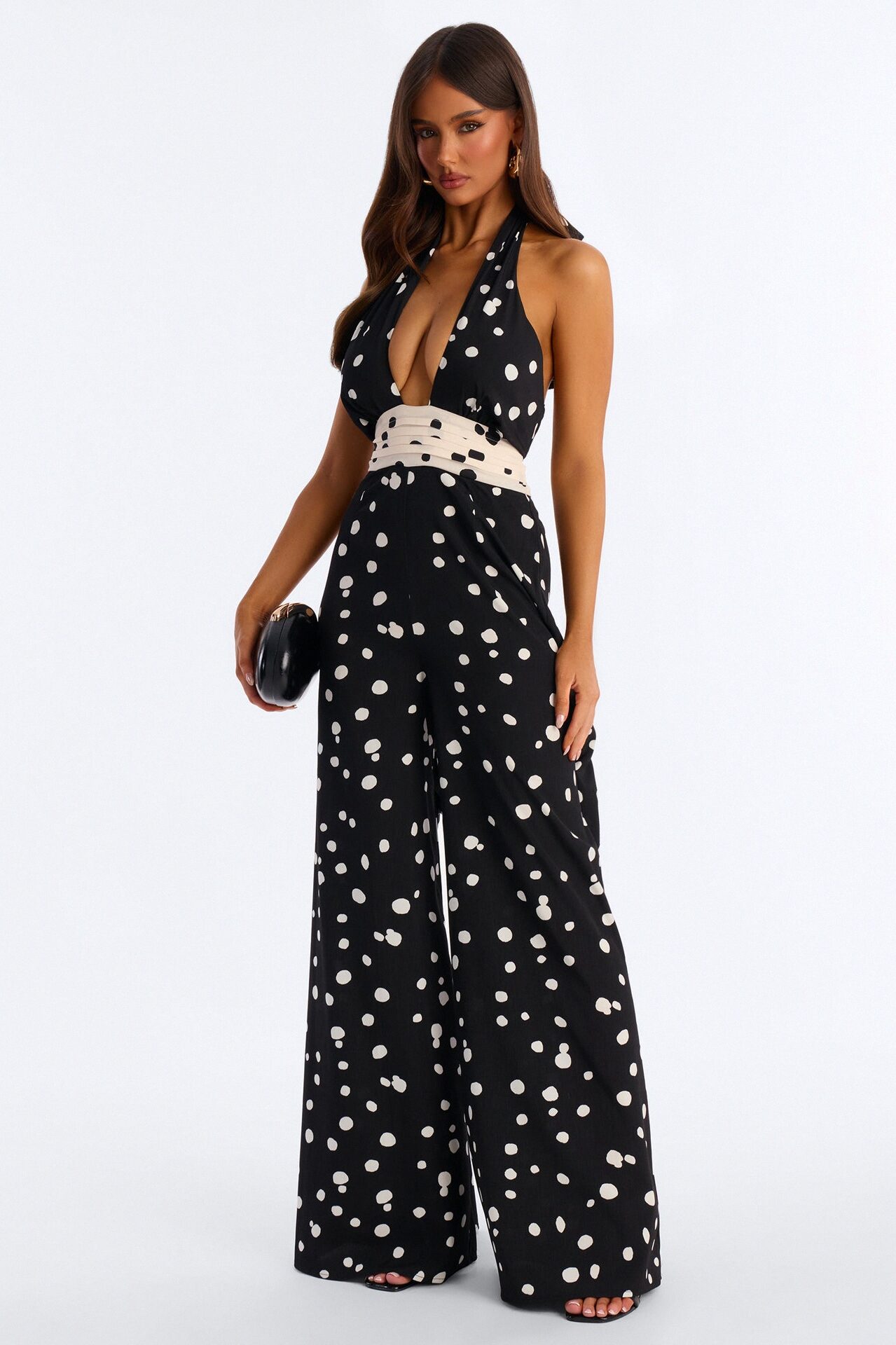 Casey Polka Dot Halter Wide Leg Jumpsuit - Black/combo