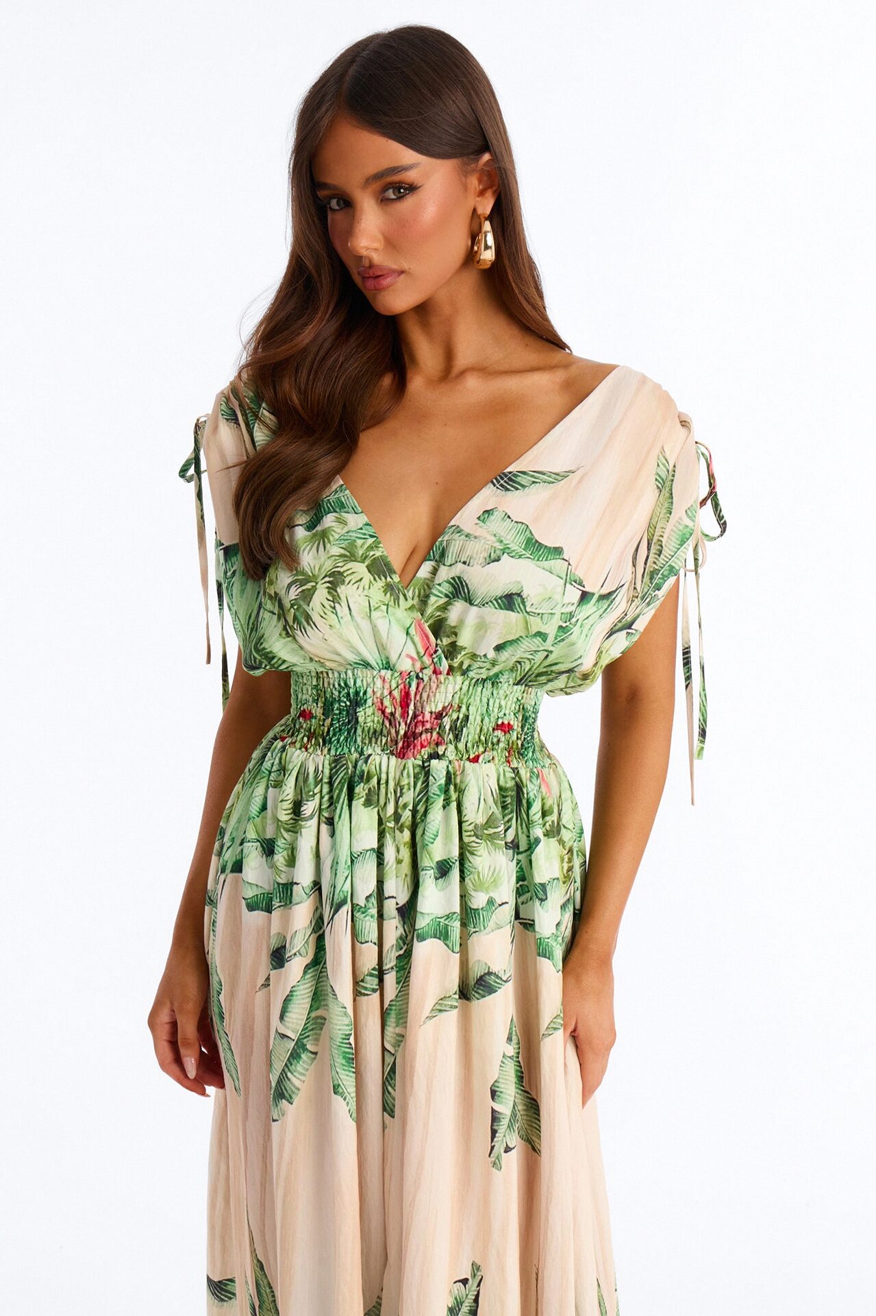 Sasha Tropical Linen Maxi Dress - Green/combo